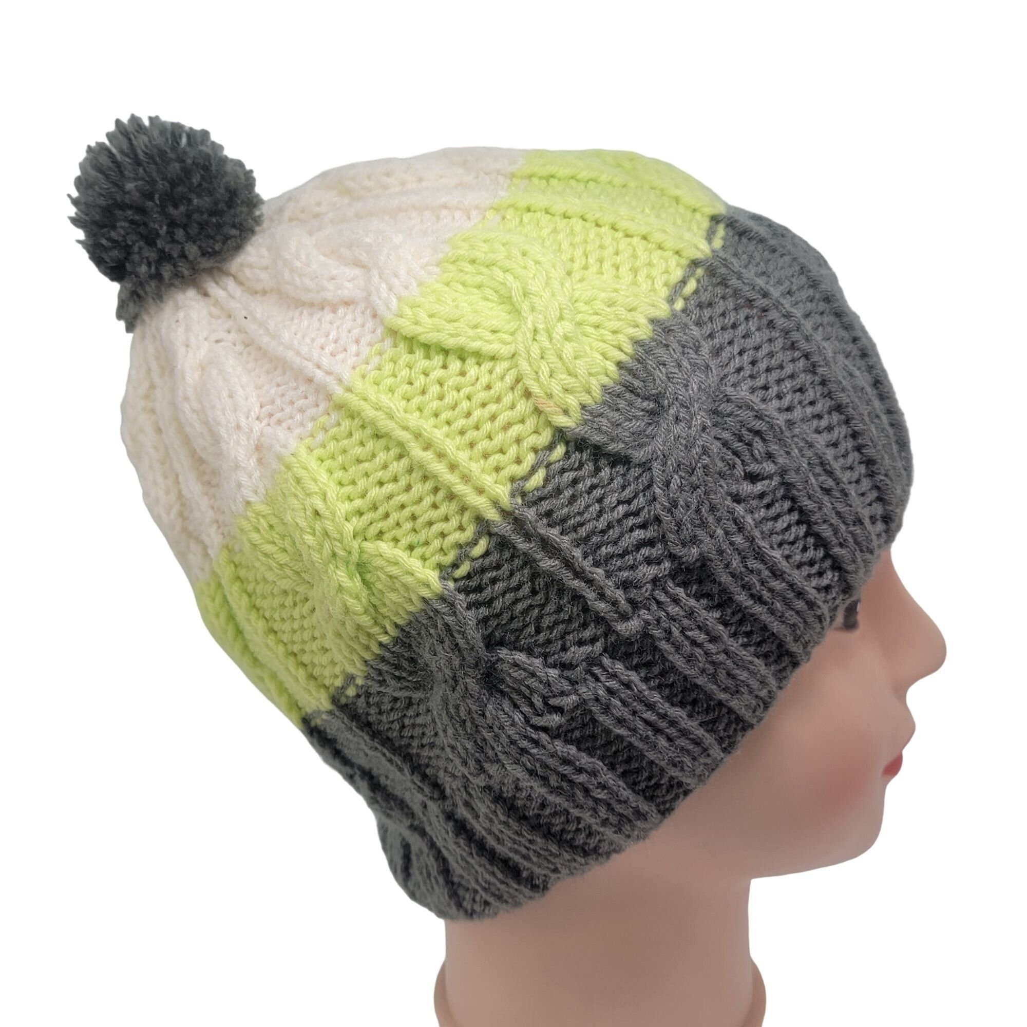 Other ⭐Adult Unisex Handmade Pom Beanie Cable Knit Color Block Gre Size ONE SIZE - 2 Thumbnail