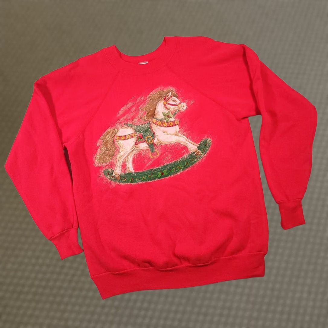 Vintage VINTAGE Pannill Sweatshirt Women's XL Red Grandma Rocking Horse Made In USA Sweatshirt Pullover Knit Crew Neck Long Sleeve 80s 90s Casual Womens Size XL / US 12-14 / IT 48-50 - 1 Thumbnail