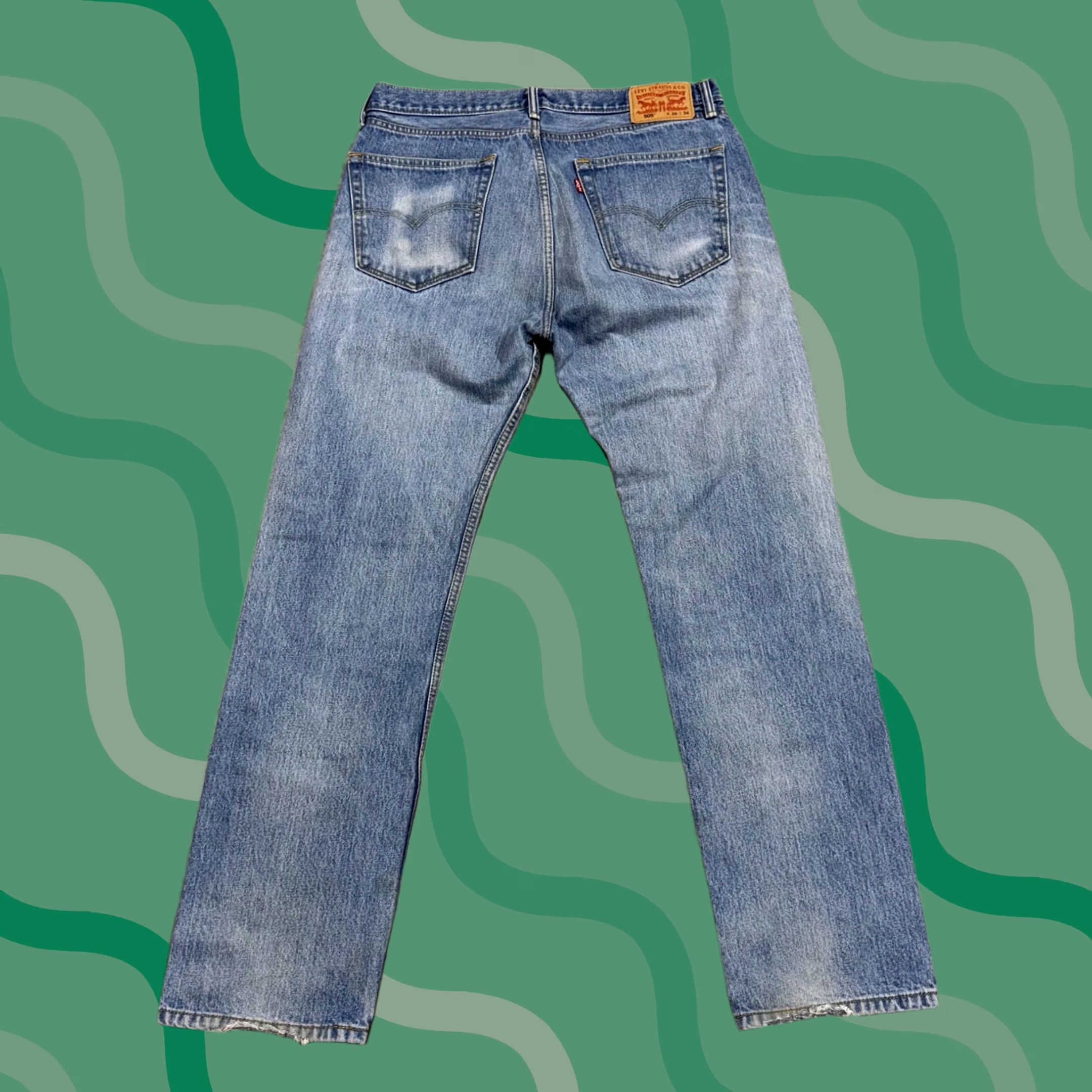 Levi's Levi's 505 Jeans Mens 36x32 Blue Light Wash Regular Fit Straight Distressed Denim Regular Waist Zip Pockets Vintage No Size US 36 / EU 52 - 1 Thumbnail