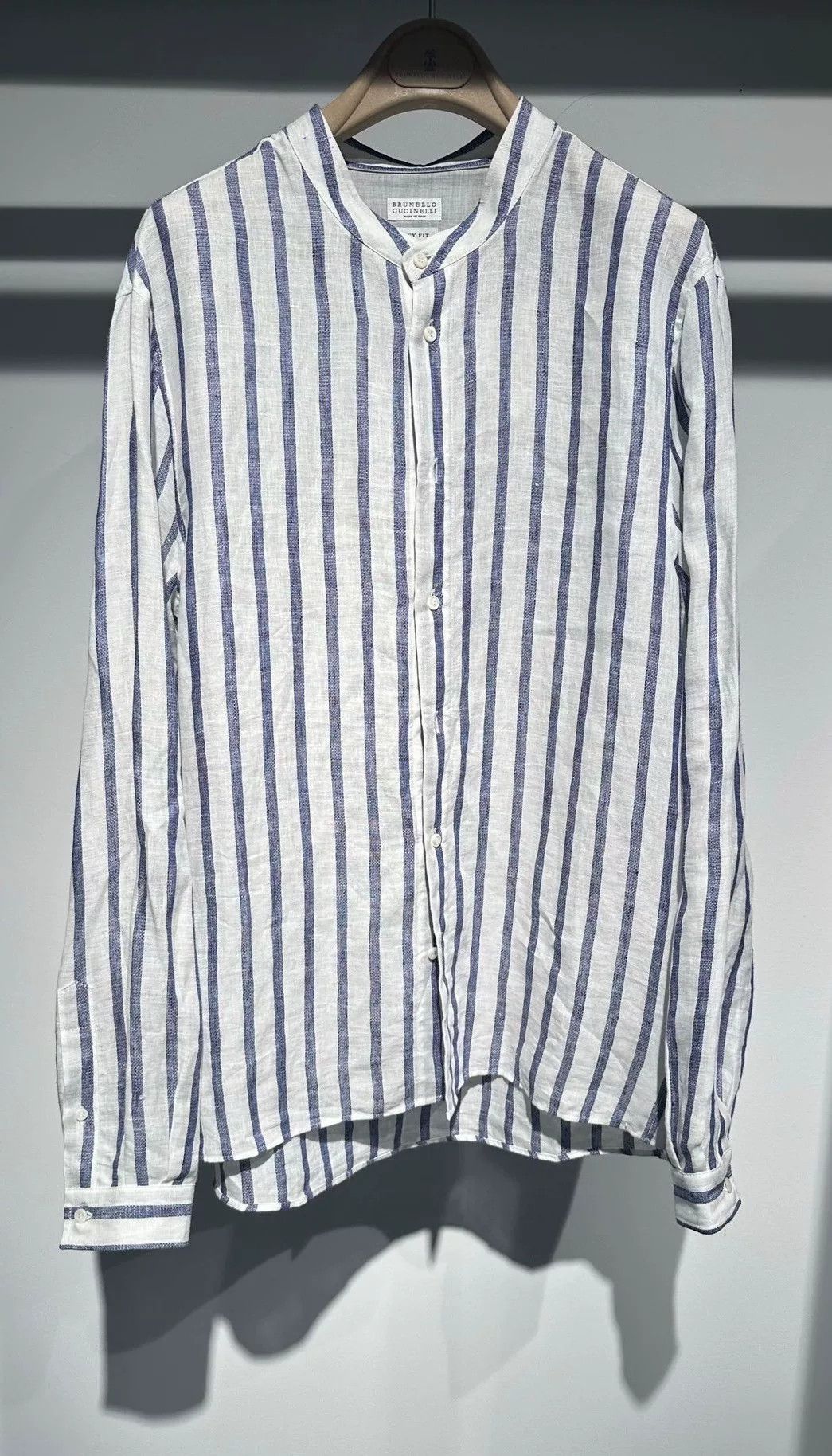 Brunello Cucinelli Brunello Cucinelli Blue Striped Linen Shirt Size US M / EU 48-50 / 2 - 1 Thumbnail