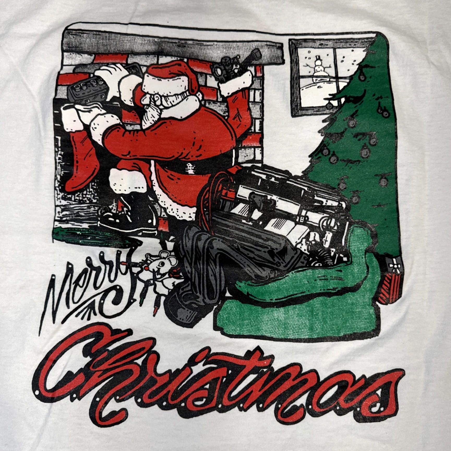 Fruit Of The Loom VINTAGE 90s Santa Claus Mechanic Car Parts Engine XL White Tee Shirt Mens Size US XL / EU 56 / 4 - 3 Thumbnail