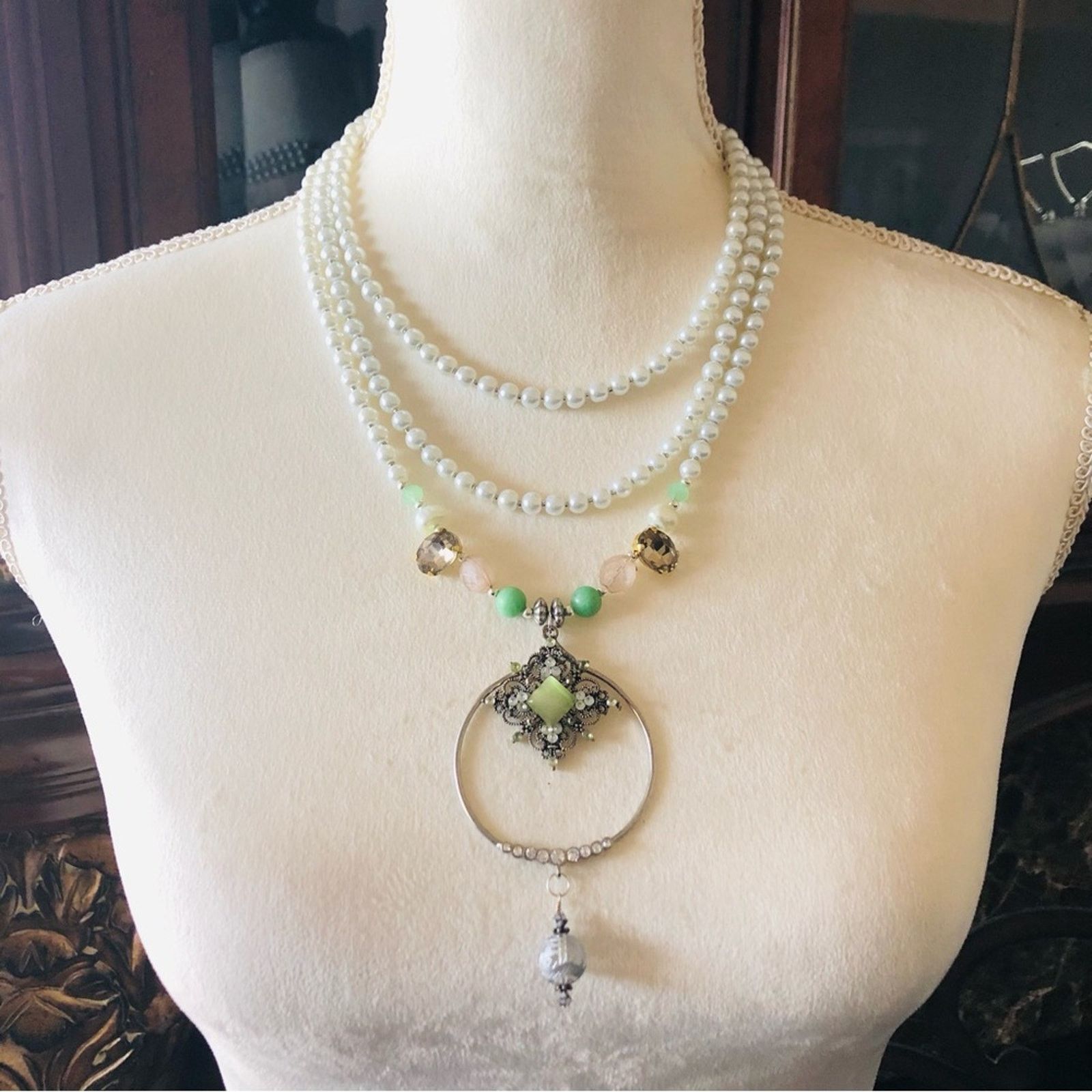 Handmade Handcrafted repurpose moon glow amulet glass Pearl neckla Size ONE SIZE - 2 Thumbnail
