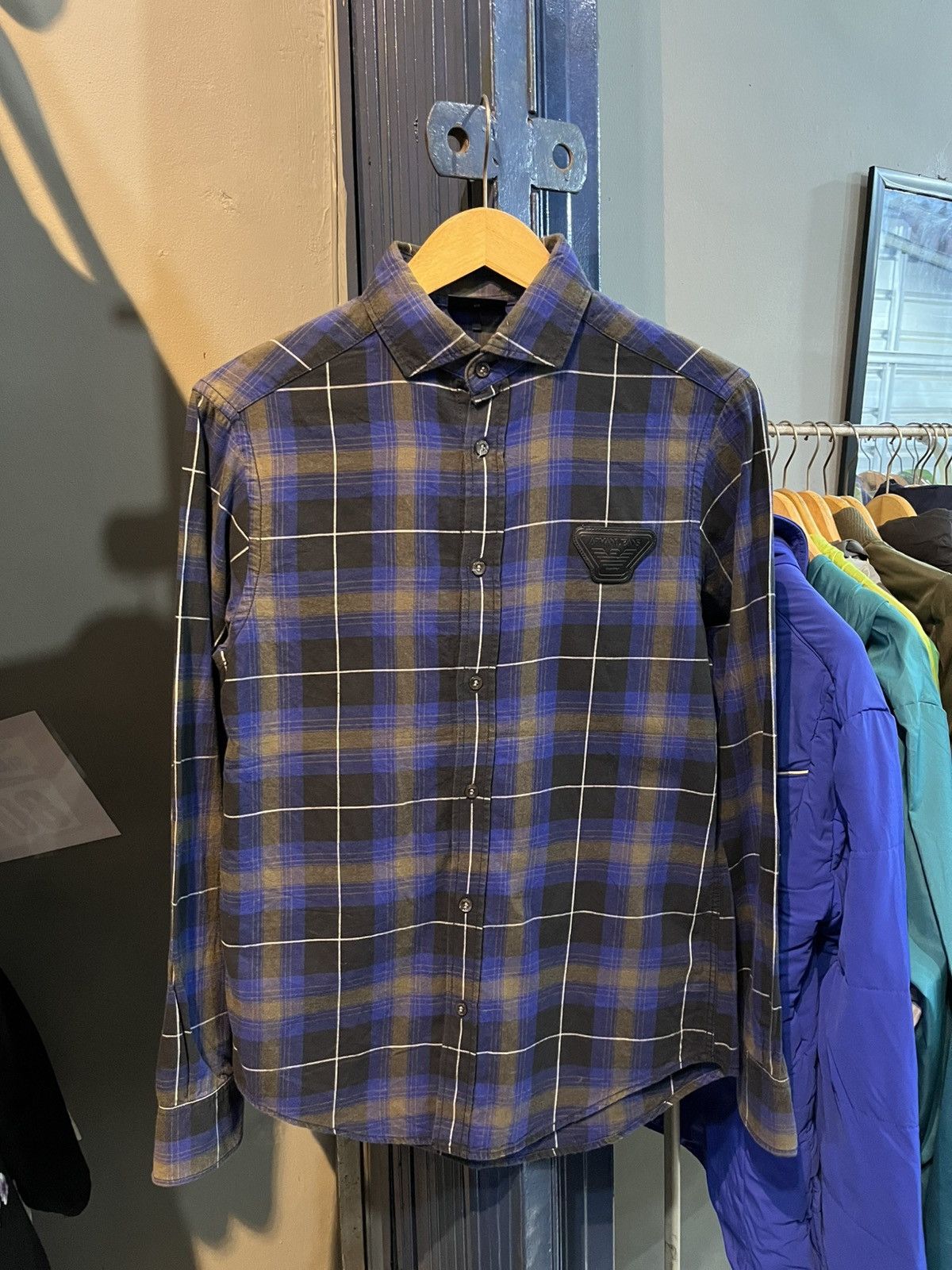 Giorgio Armani Shadow Plaid Armani Jeans button ups shirt with leather logo Size US XS / EU 42 / 0 - 1 Thumbnail