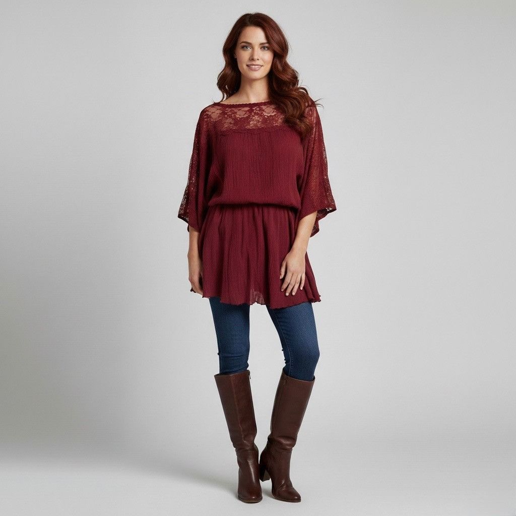 Free People VTG Free People Dark Cherry Lace Trim Crepe Top | Boho Dark Size S / US 4 / IT 40 - 16 Thumbnail