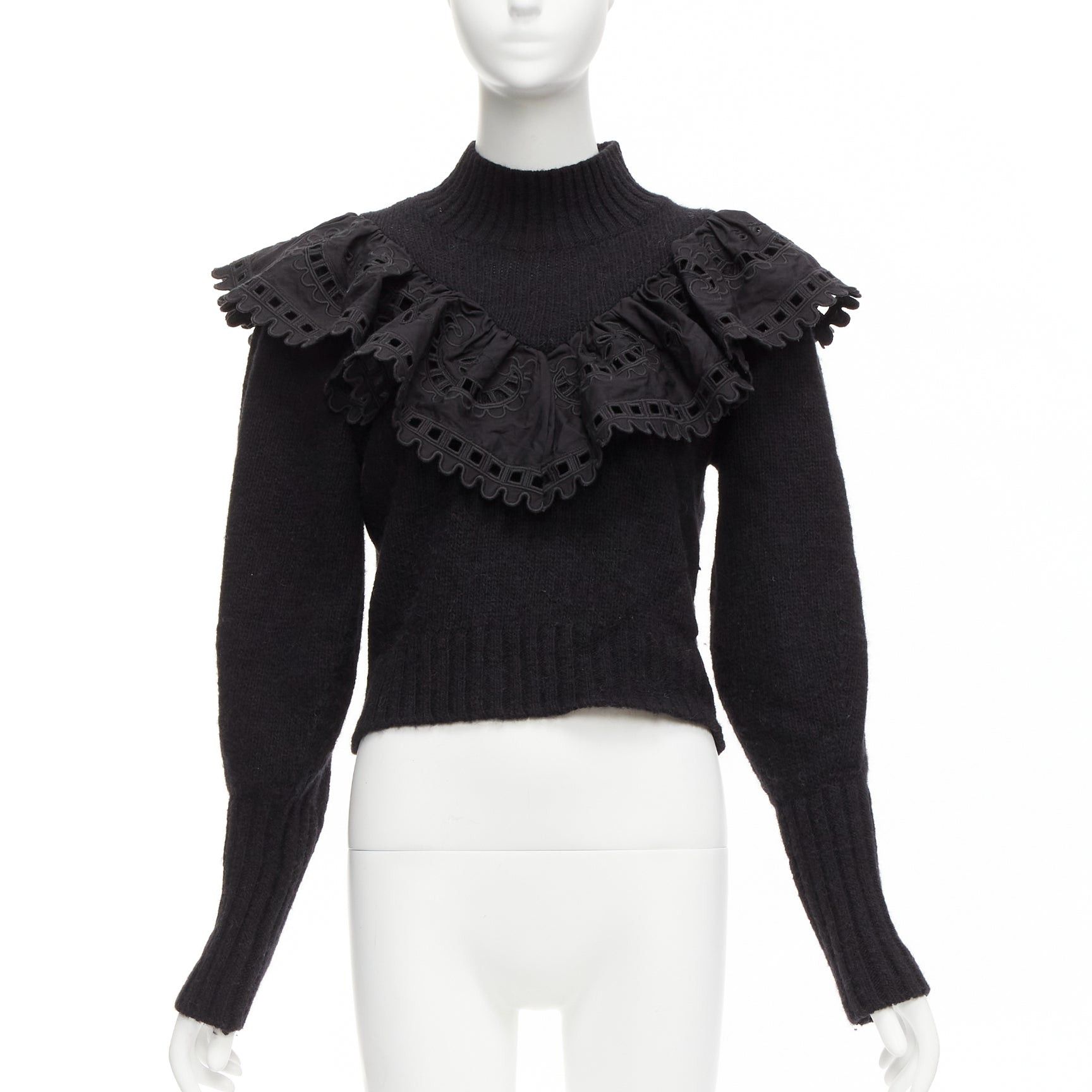 SEA NEW YORK black merino wool alpaca Victorian ruffle crop sweater XS