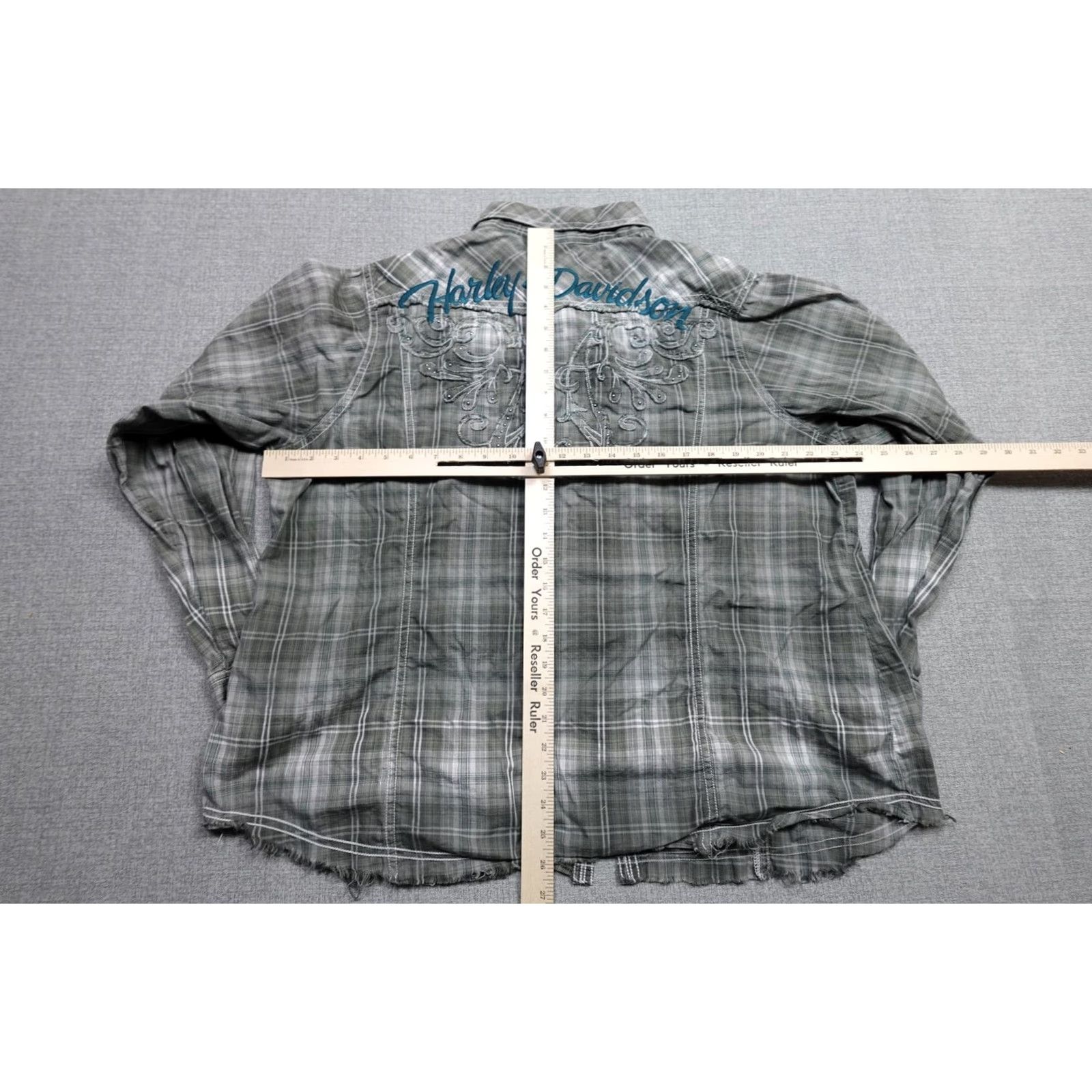 Harley Davidson Harley-Davidson Pearl Snap Shirt Womens 2X Gray Plaid Rhinestone Western Biker Size XXL / US 16-18 / IT 52-54 - 7 Thumbnail