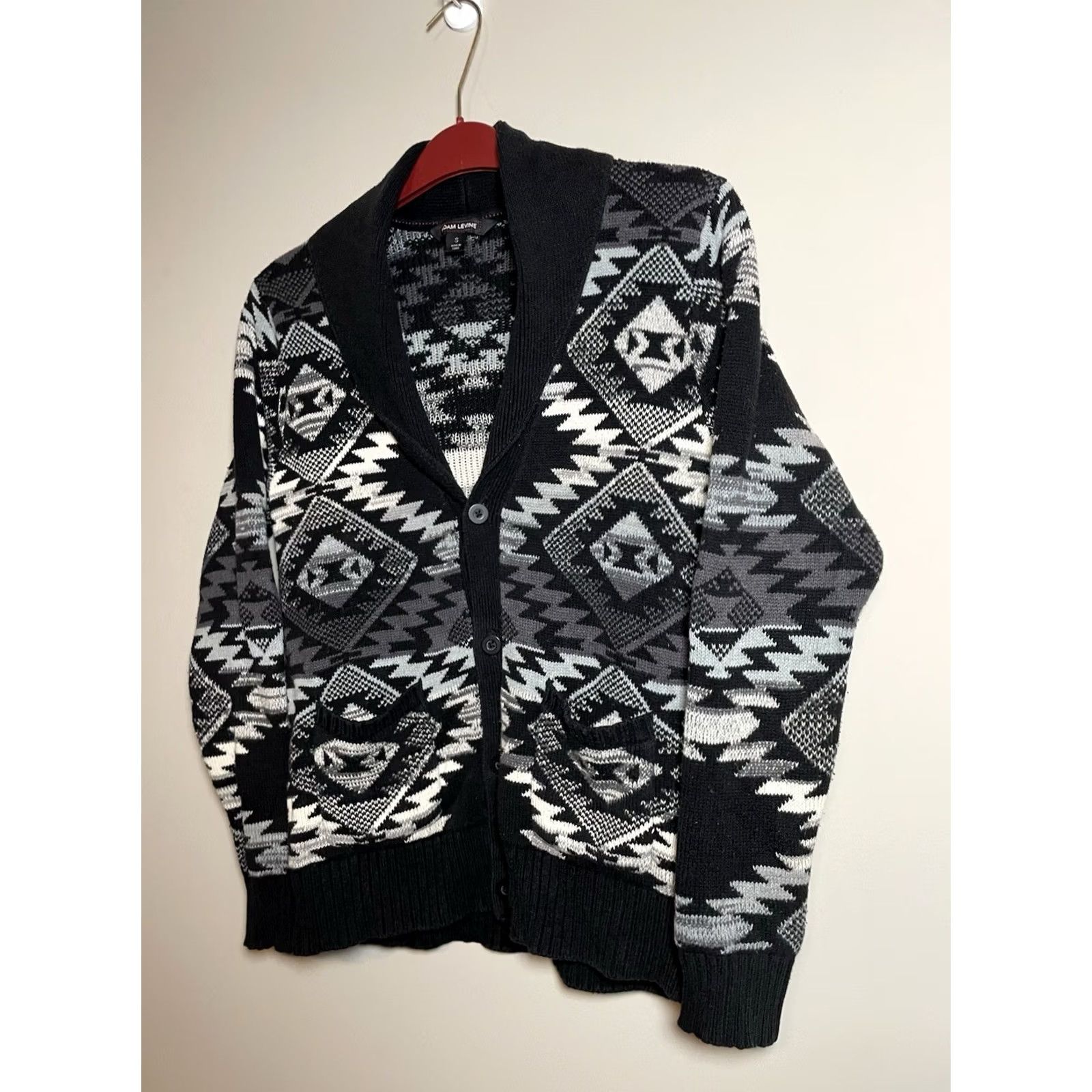 Vintage Adam Levine Mens Cardigan Sweater S Pockets Black Gray Geometric Aztec Southwestern Vintage No Size US S / EU 44-46 / 1 - 2 Thumbnail