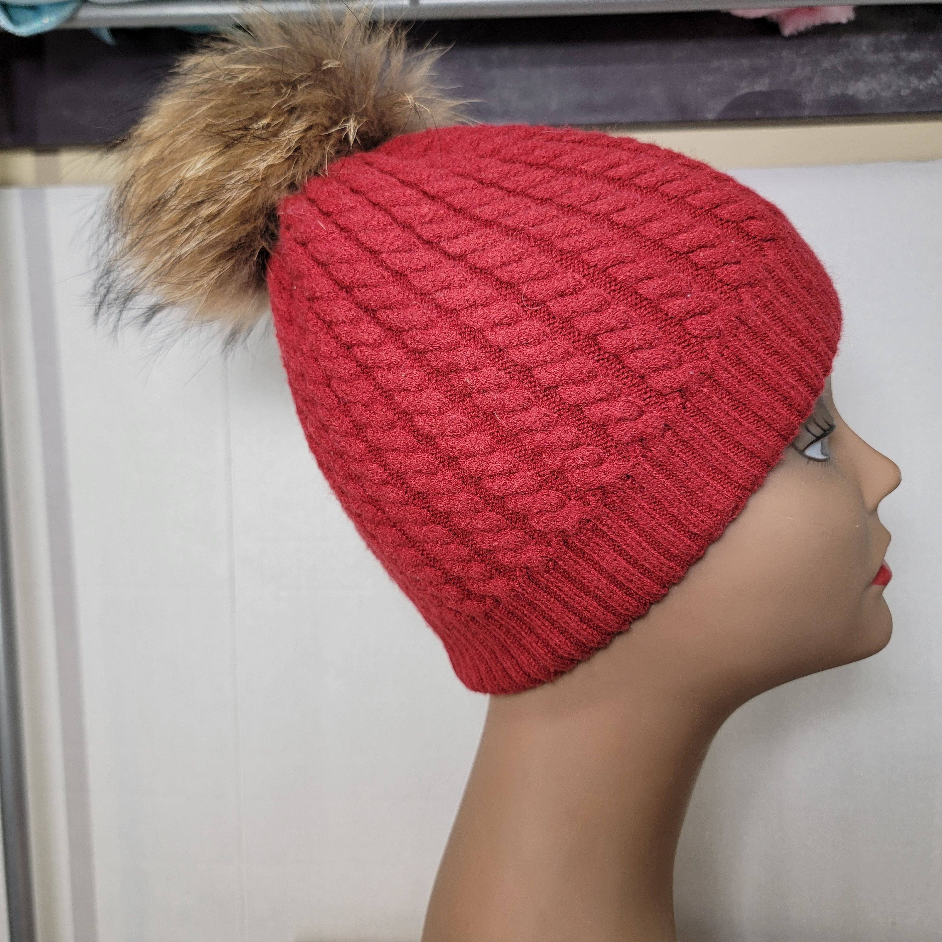 Other Furtalk Knit Maroon Beanie w/ Faux Fur Pom Pom Size ONE SIZE - 6 Thumbnail