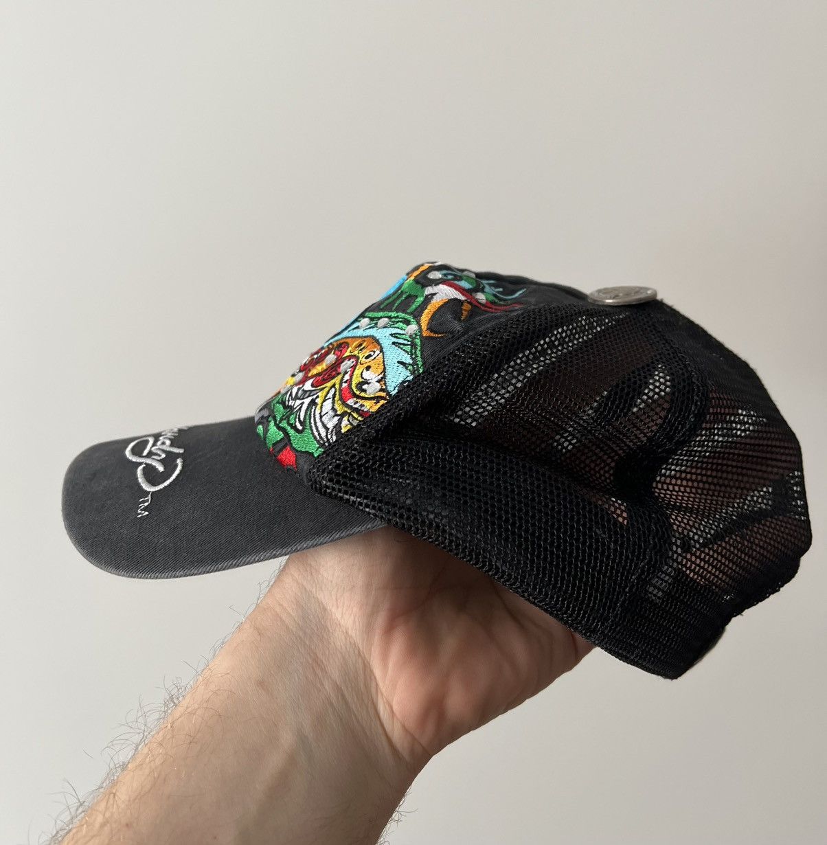 Christian Audigier × Ed Hardy Vintage Ed Hardy by Christian Audigier Skull Trucker Cap Size ONE SIZE - 5 Thumbnail