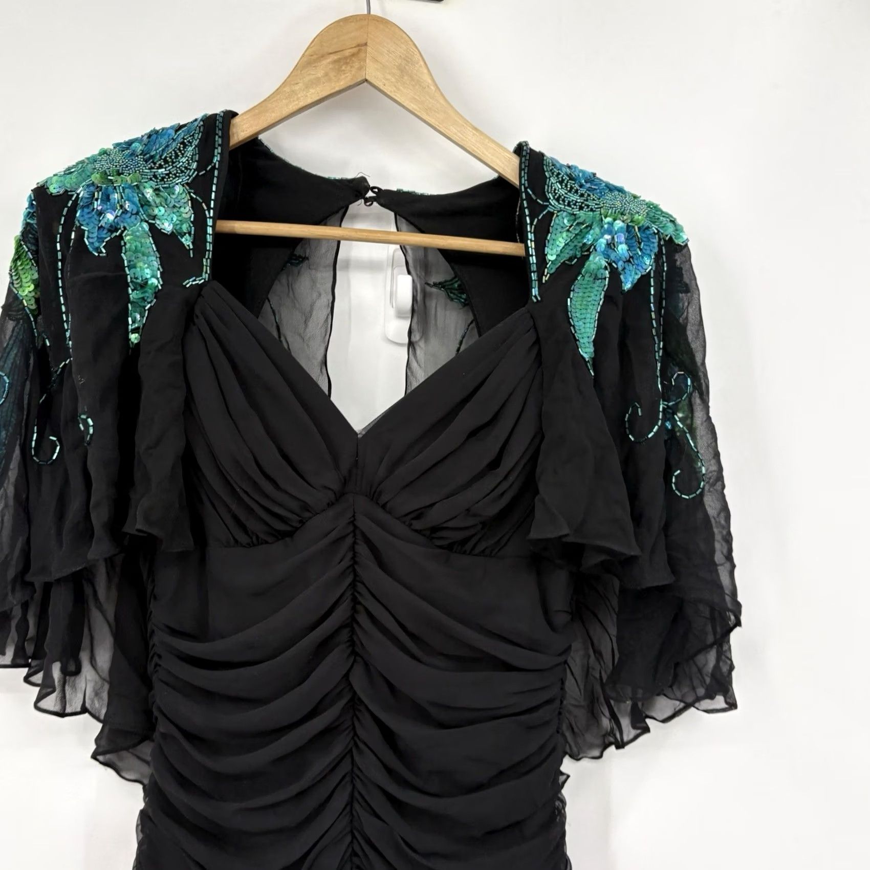 Casadei VINTAGE Casadei Dress Small Cocktail Fairy Grunge Sequin Glam Gala Capelet Draped Dress Black S Women Long Belted Caplet Flutter Sleeves Sequin Size S / US 4 / IT 40 - 4 Thumbnail