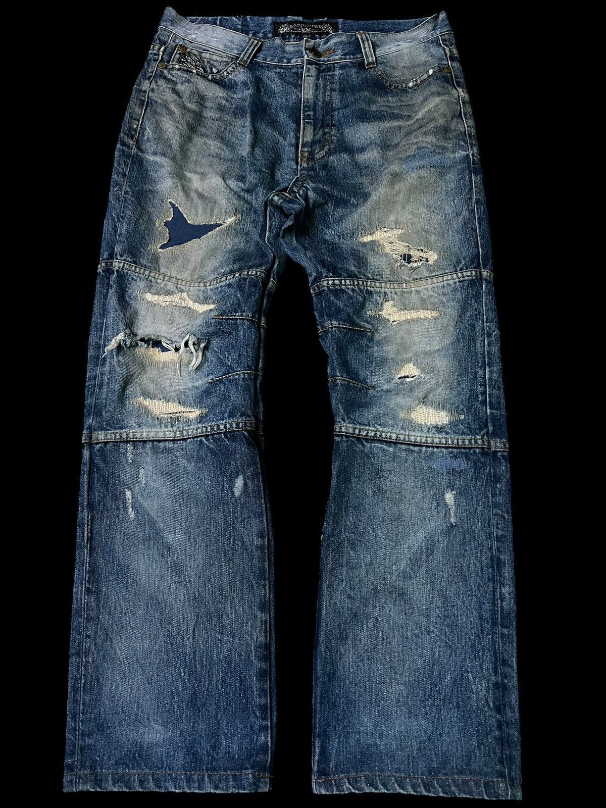 Japanese Brand 💥Baggy💥Redpepper Double Knee Washed Ripped Distress Jeans Size US 35 - 1 Thumbnail
