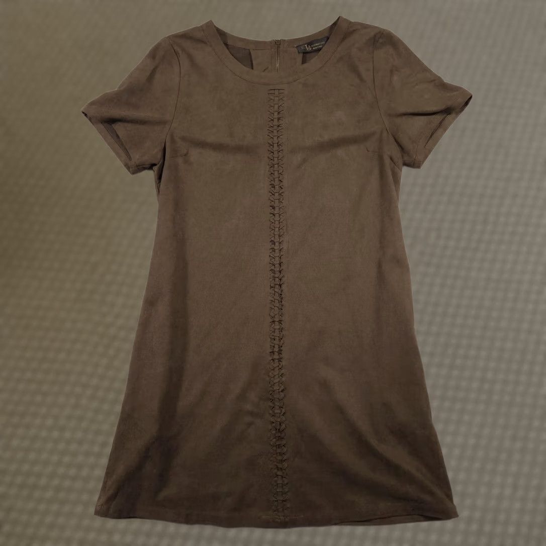 Vintage KLd Signature Dress Womens Large Brown Faux Suede Short Sleeve Shift Made USA Size 36" / US 14 / IT 50 - 1 Thumbnail