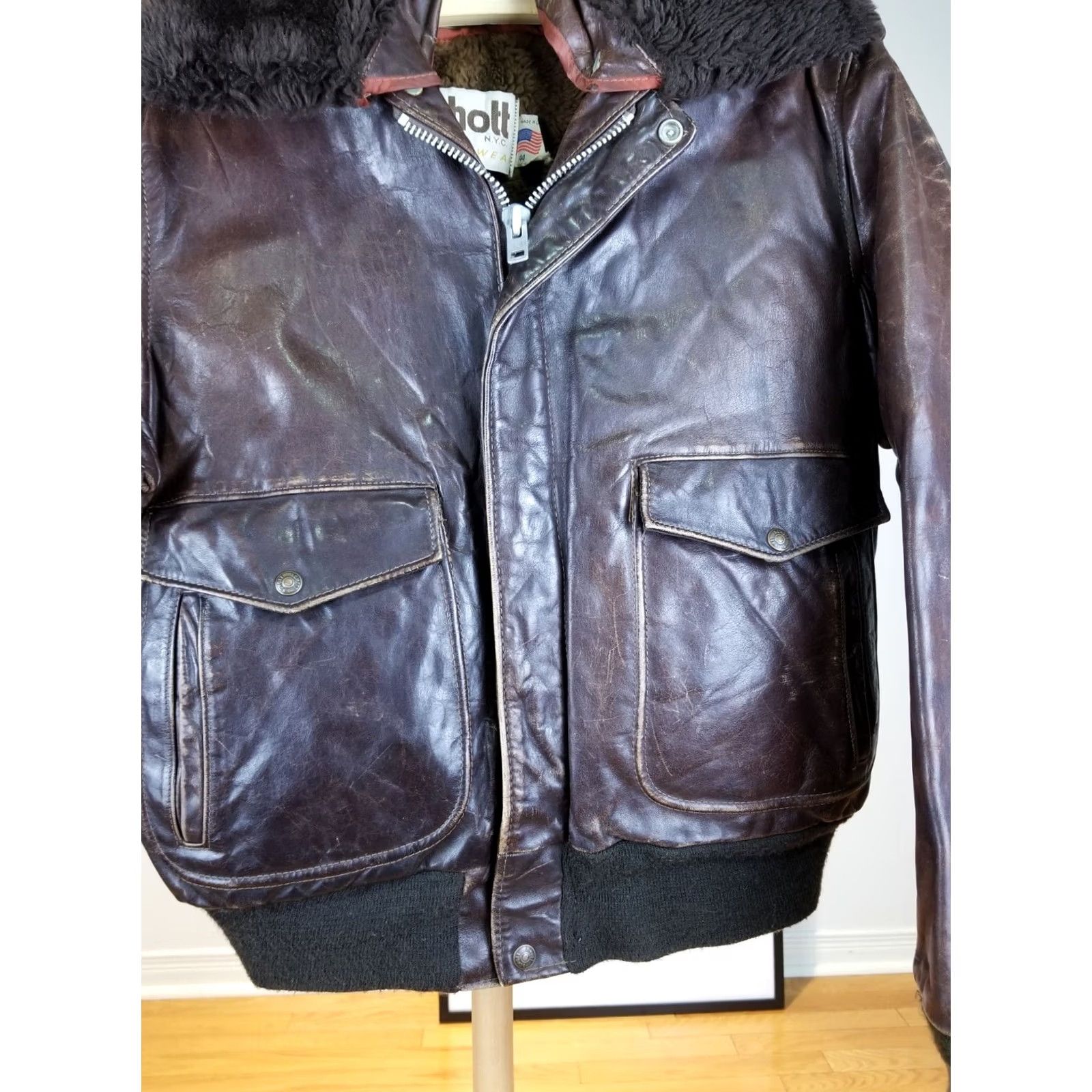 Schott VINTAGE Schott G-1 STYLE FLIGHT LEATHER JACKET SZ 44 WITH LINING Jacket Men Brown 70s Military Motorcycle Lined Size US S / EU 44-46 / 1 - 3 Thumbnail