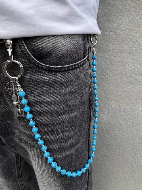 Jewelry Blue Cracked Stone Round Beads Wallet Chain , Jeans Chain Size ONE SIZE - 6 Thumbnail