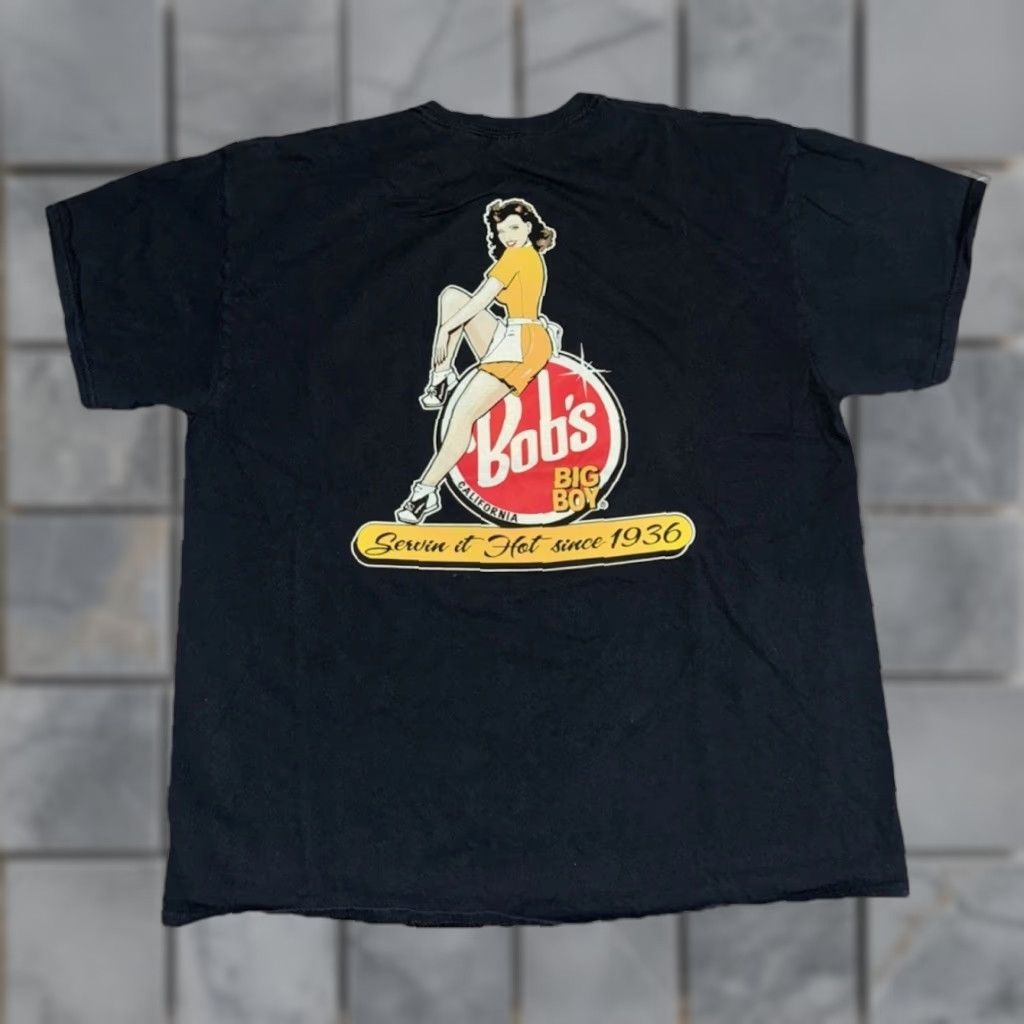 VINTAGE Bob’s Big Boy T-Shirt Black XL Men Graphic Print 90s Pin Up Crew Neck Short Sleeve