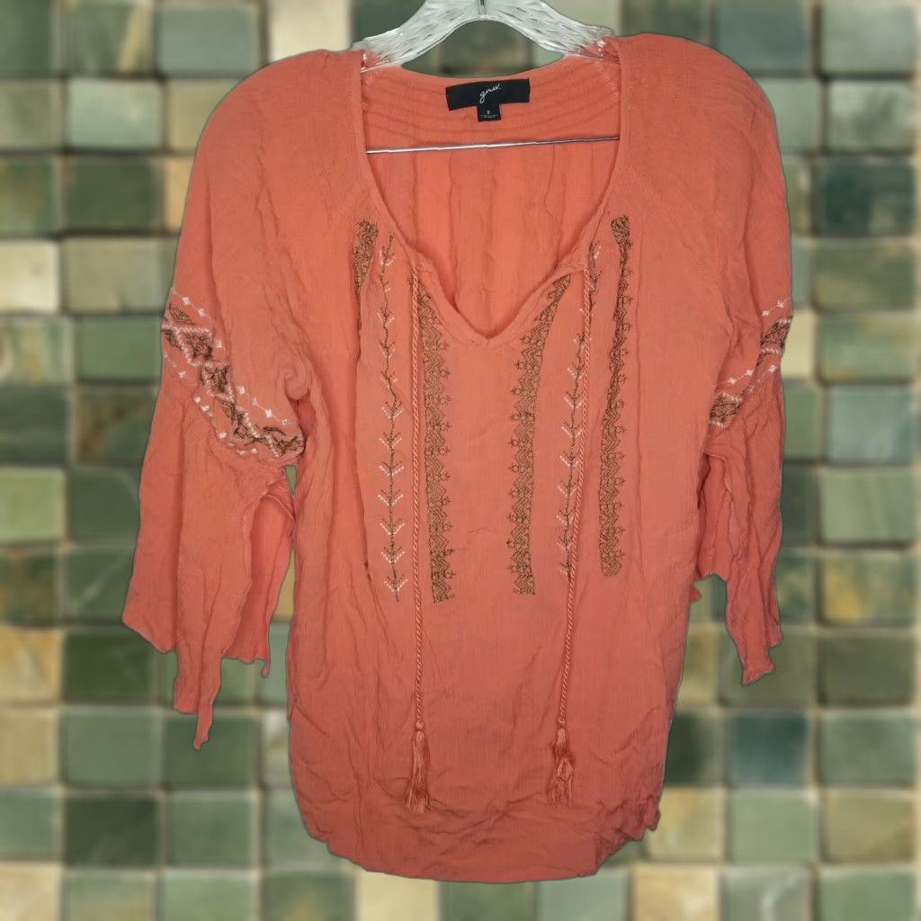 Vintage GNW Salmon Embroidered Blouse Tassels Small Womens Size S / US 4 / IT 40 - 1 Thumbnail