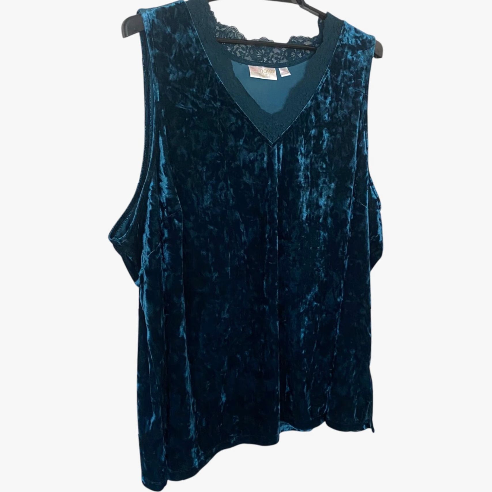 Velvet VINTAGE Belle Boho Kim Gravel Crushed Velvet Lace Trim V-Neck Tank Top Women's 4X Blue Size XXL / US 16-18 / IT 52-54 - 3 Thumbnail