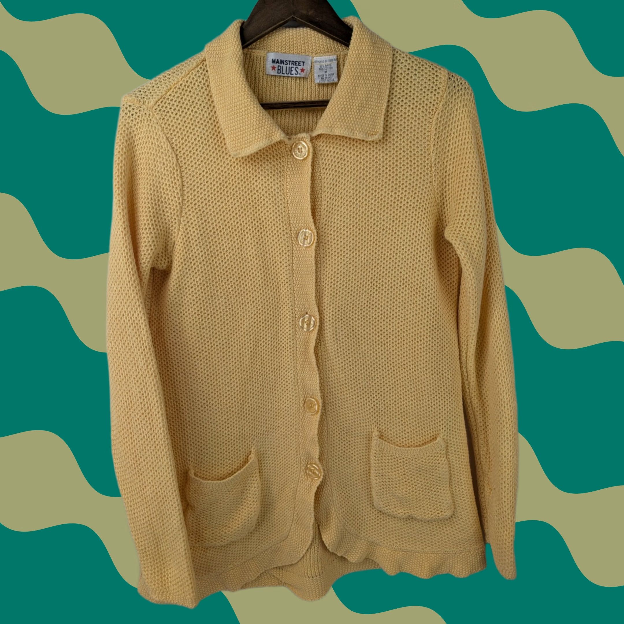 Vintage Mainstreet Blues Cardigan Sweater Long Sleeve Button V-Neck Yellow M Womens Plus Size Size M / US 6-8 / IT 42-44 - 1 Thumbnail