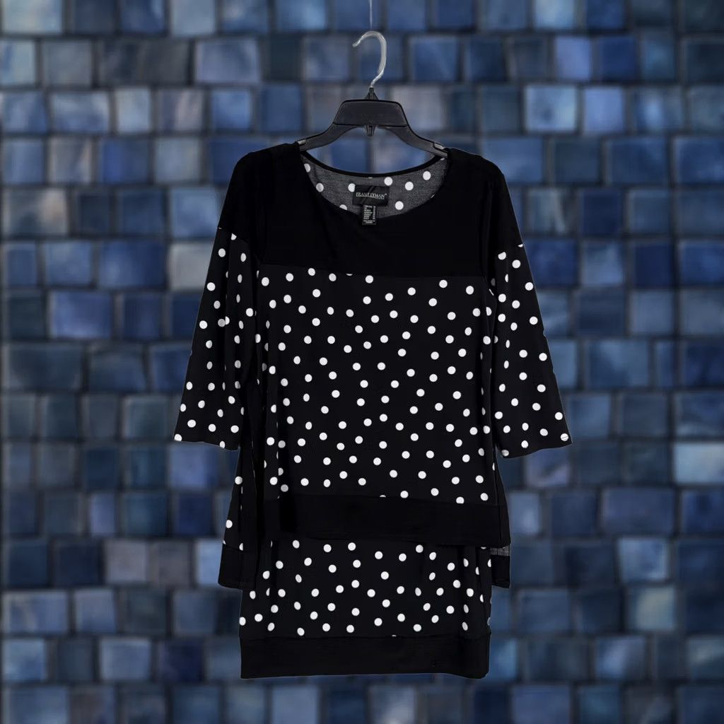 Vintage VINTAGE? Frank Lyman Dress Womens 10 Black Polka Dot Layered Asymmetrical Career Chic Size L / US 10 / IT 46 - 1 Thumbnail