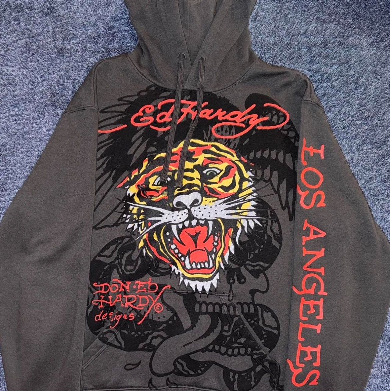 image of Ed Hardy Limited “ Retro Tiger “ Charcoal Hoodie, Men's (Size Large)
