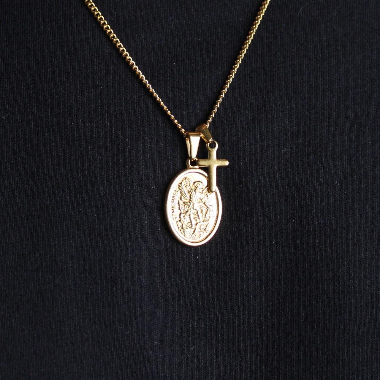Jewelry Gold Saint Michael and Mini Cross Pendant Necklace Set Size ONE SIZE - 1 Thumbnail