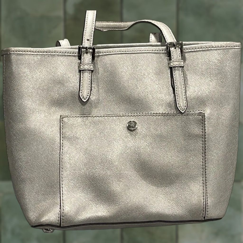 Michael Kors VINTAGE Michael Kors Tote Women Medium Metallic Gray Saffiano Leather Top Zip Purse Handbag Purses Size M / US 6-8 / IT 42-44 - 1 Thumbnail