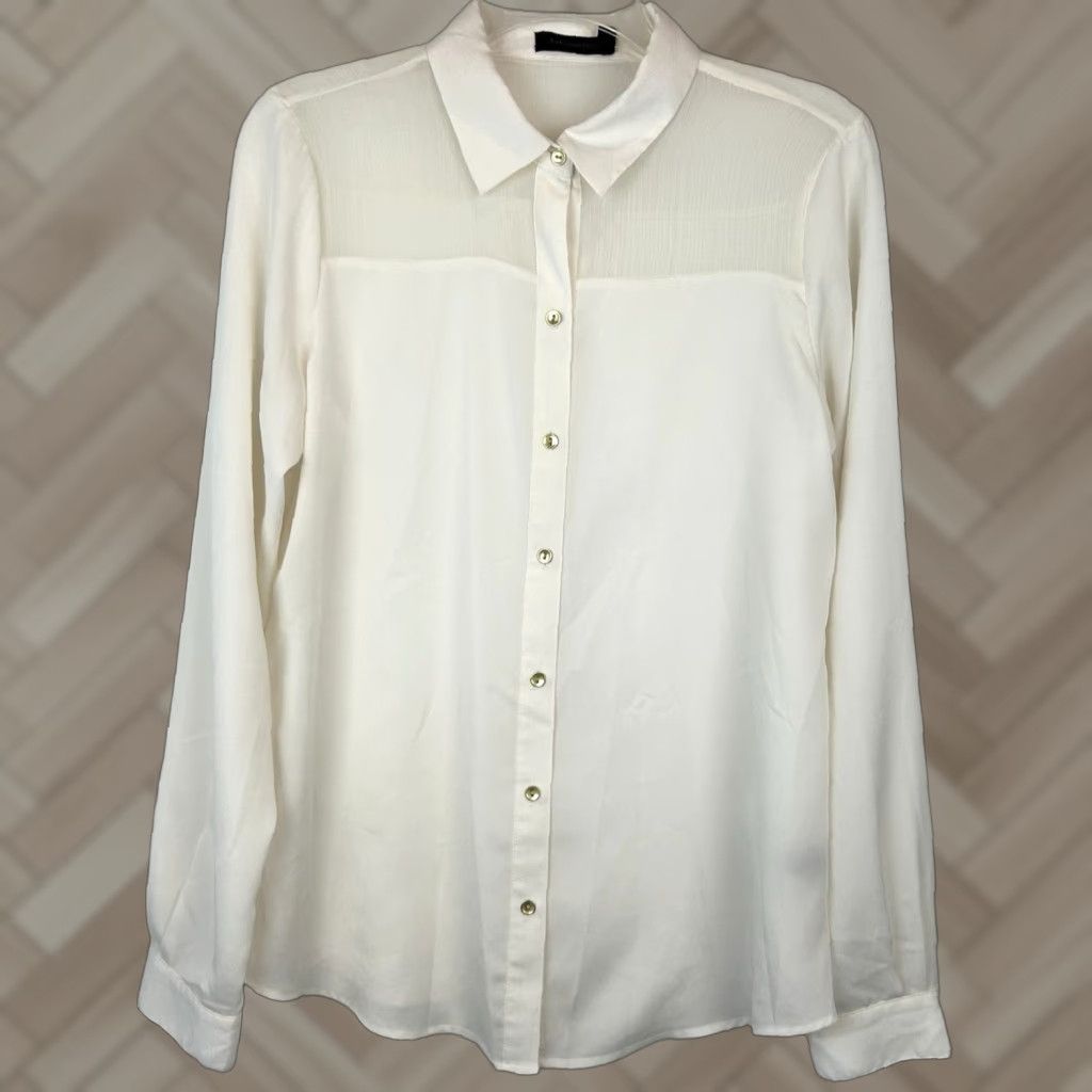 Vintage The Limited Blouse Womens M Ivory Button Front Top Long Sleeve Semi Sheer in White (Size Medium)