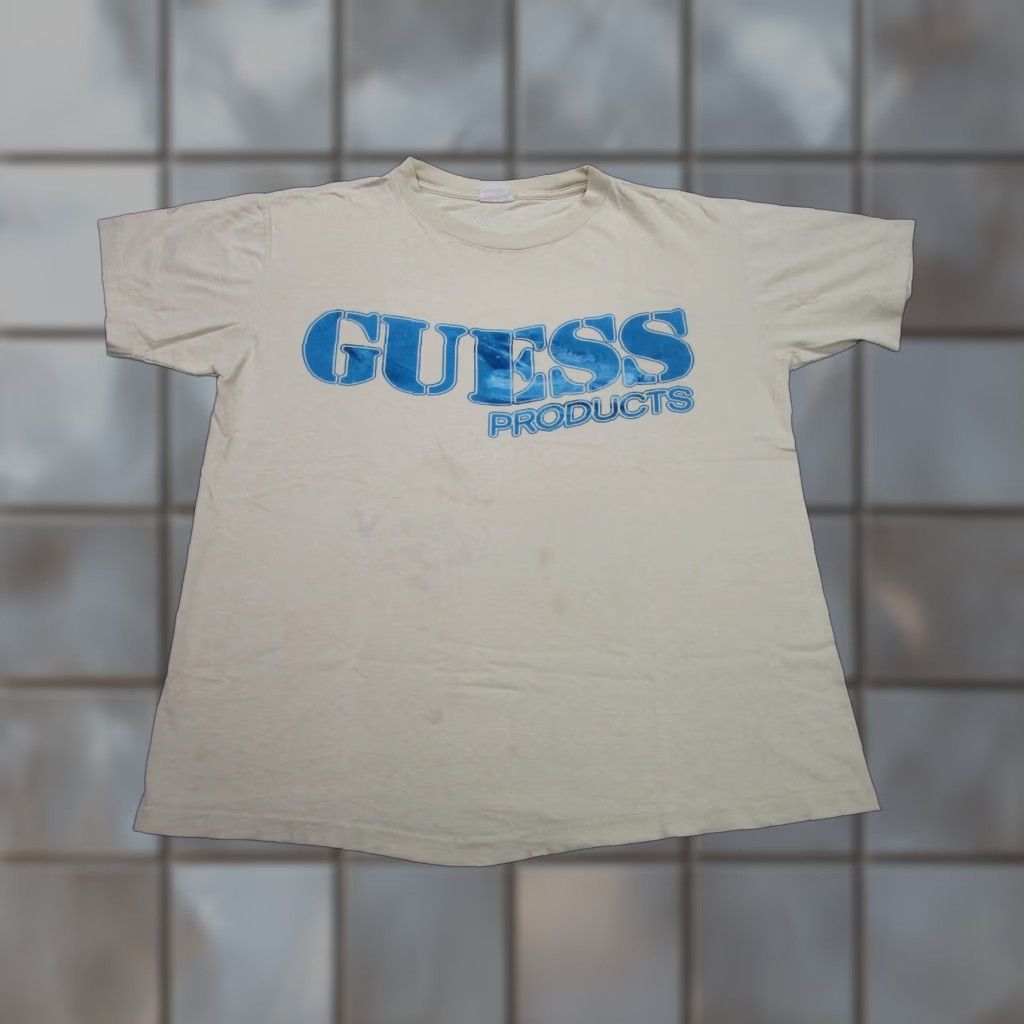 VINTAGE GUESS Shirt Mens Large Ivory 1980s Grunge USA Short Sleeve Crew Neck T-Shirt Mens