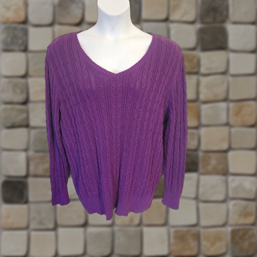 Vintage St. John's Bay Purple Cable Knit V Neck Sweater 2X Womens Plus Pullover Knit Wool Blend Long Sleeve Cardigan Size XXL / US 16-18 / IT 52-54 - 1 Thumbnail