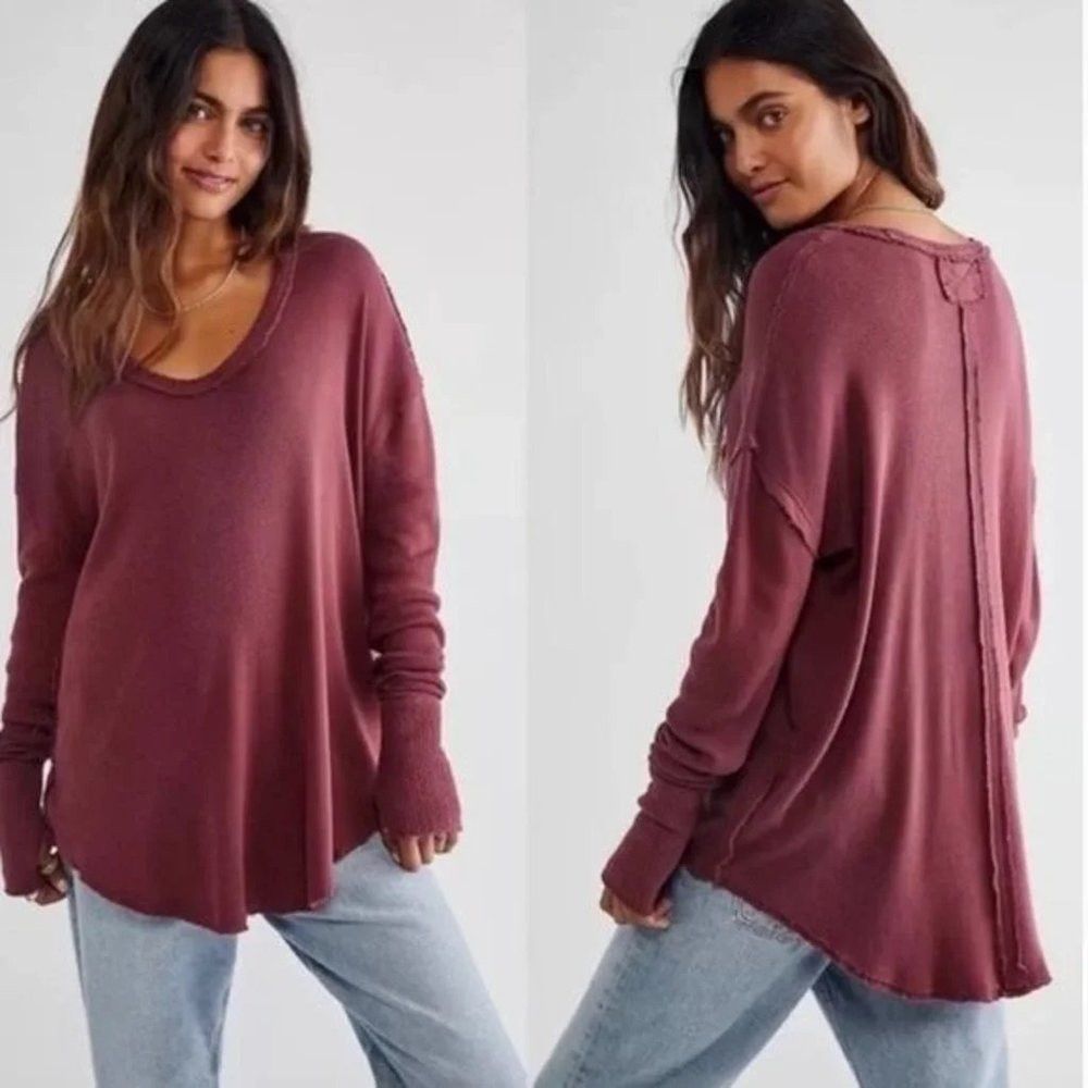 Free People New Free People Colby Raw Edge Long Sleeve Cotton Burgundy Size XS / US 0-2 / IT 36-38 - 1 Thumbnail