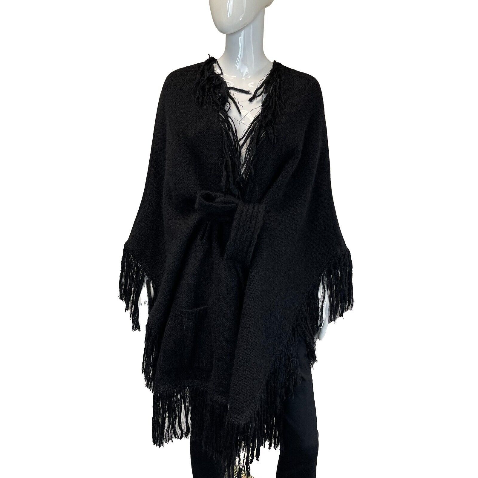 image of Balmain Pristine Tie Up Poncho Belt And Fringe Black 34 Us 2, Women's (Size 2XS)
