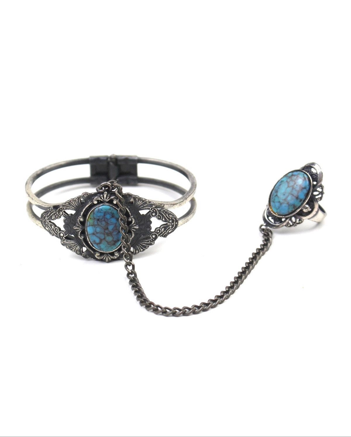 Vintage 2000S JAPANESE MADE BOHO TURQUOISE HAND CUFF & RING Size ONE SIZE - 1 Thumbnail