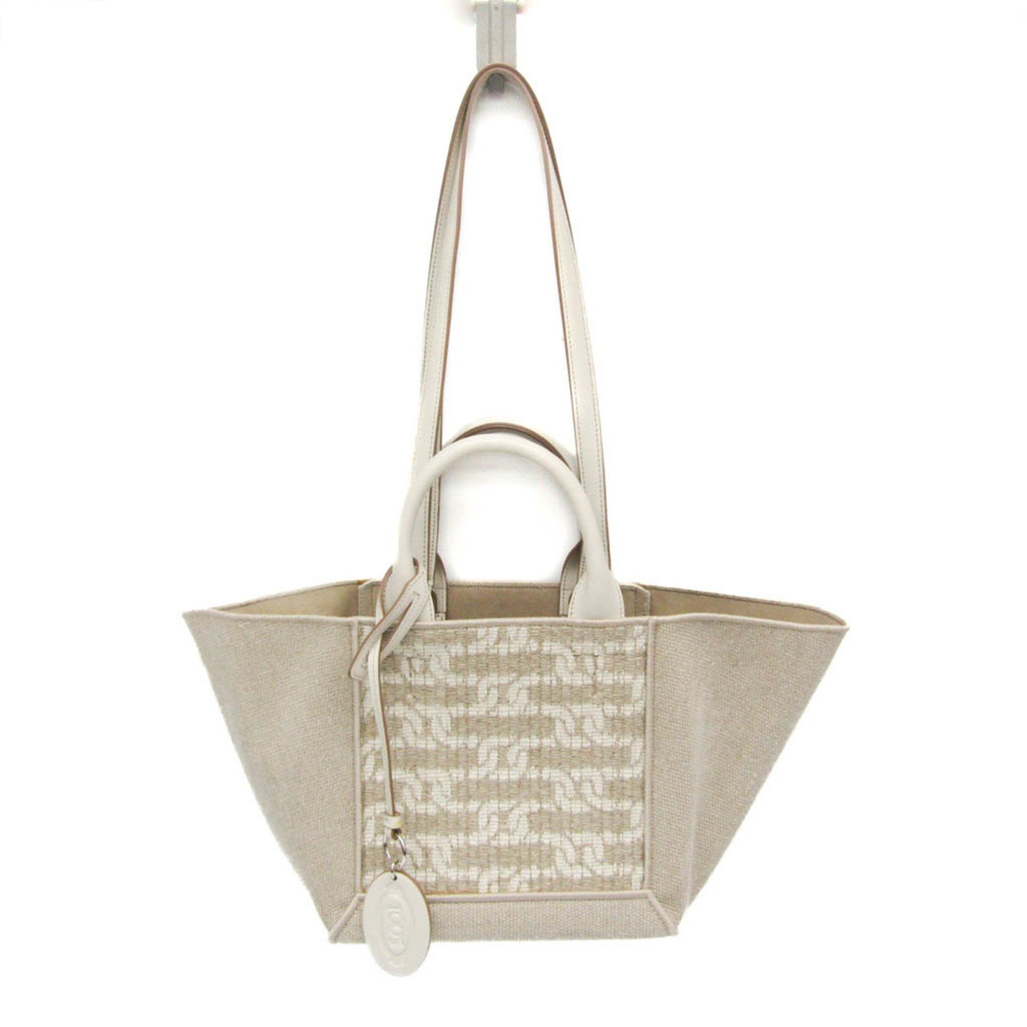 Tod's Double-handle Shopping Bag XBWCLTA0200TIP3Q71 Women's LinenCotton HandbagTote Bag Light BeigeWhite