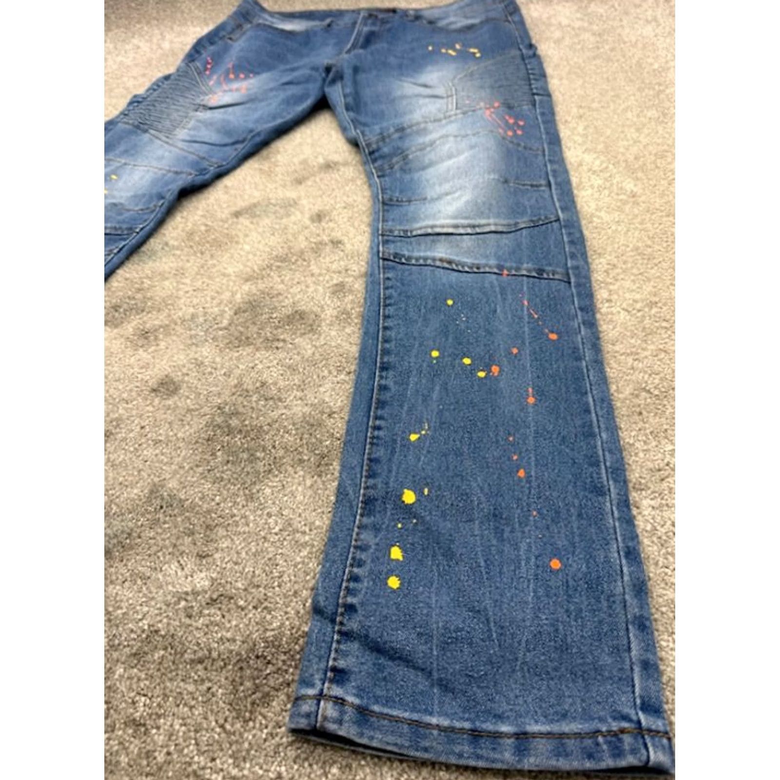 Vintage M Society Jeans Mens 36x32 Blue Denim Distressed Skinny Paint Splatter Ribbed Jeans Size US 36 / EU 52 - 5 Thumbnail