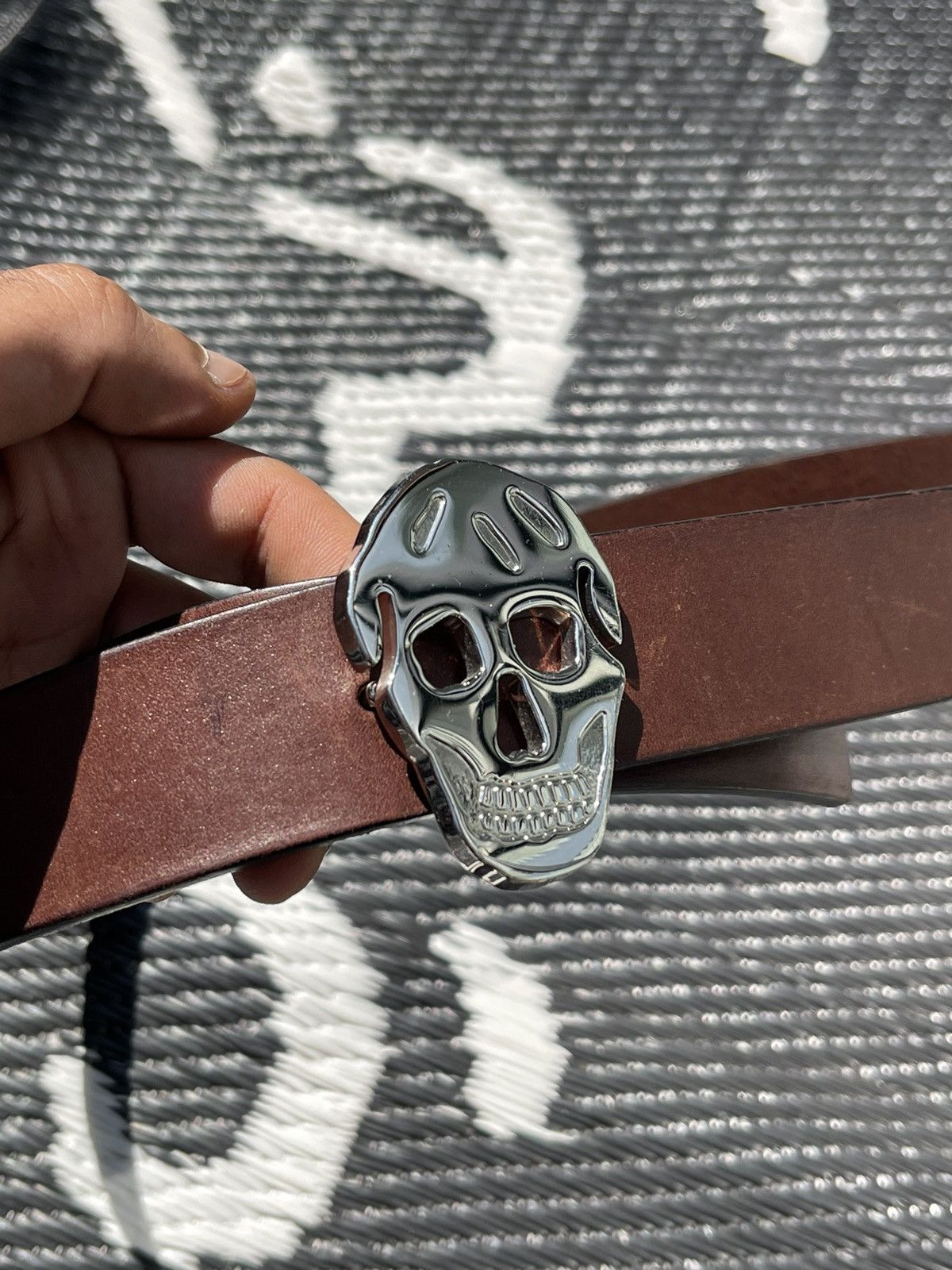 Alexander McQueen Alexander McQueen Brown Belt with Silver Skull Buckle Size 30 - 1 Thumbnail