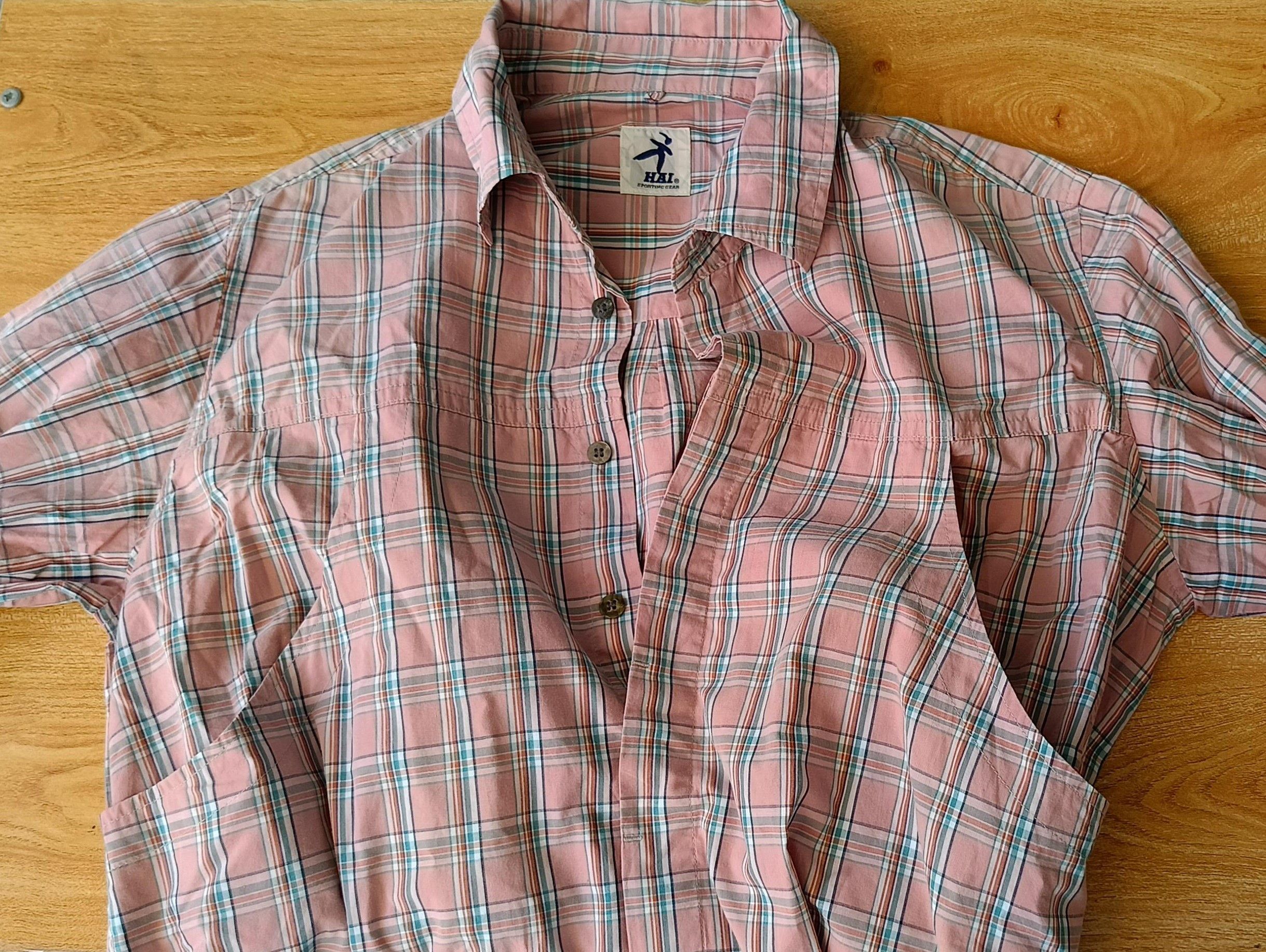 HAI sporting gear by Issey Miyake pink plaid pocket shirt