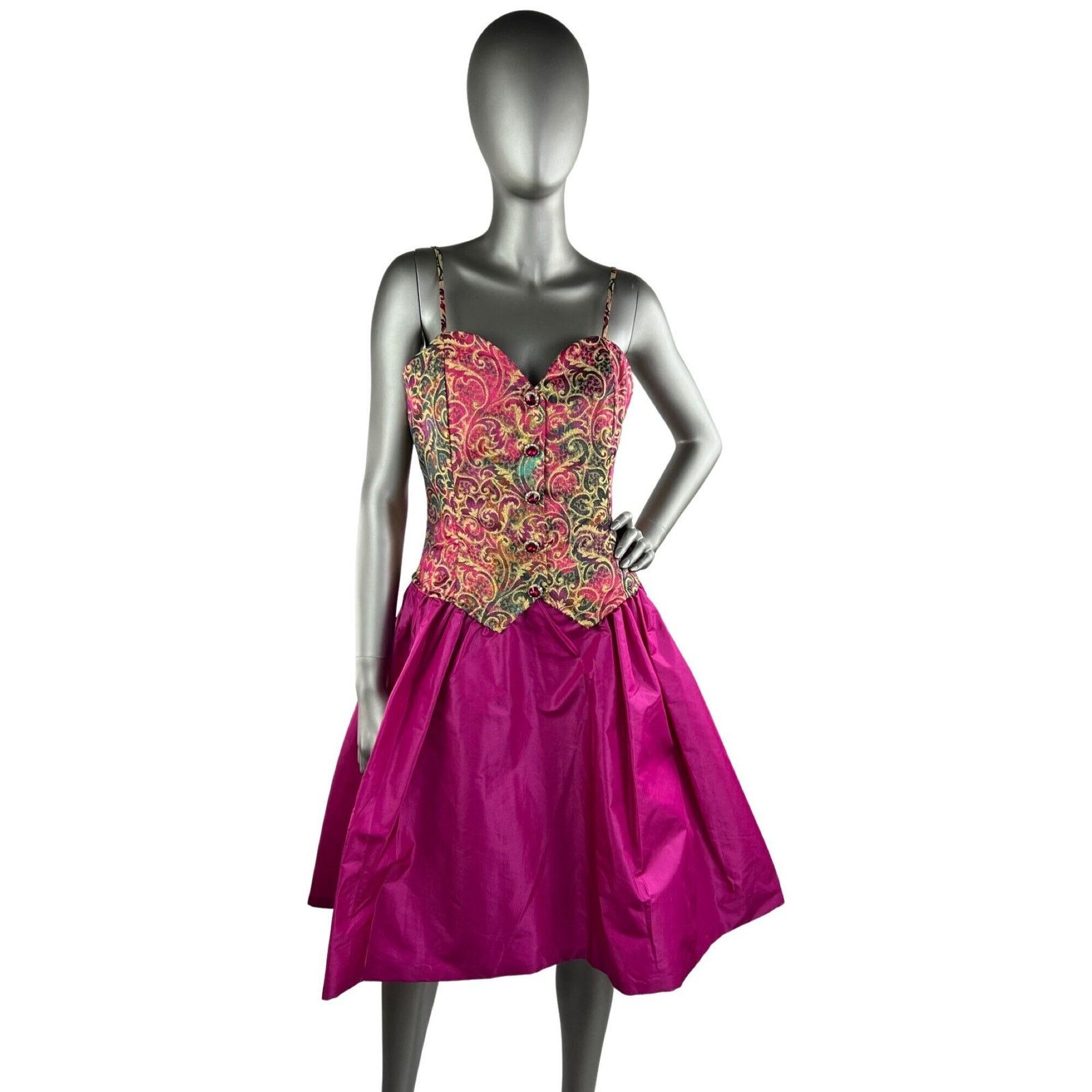 Vintage Vintage 1980s Victor Costa Fuchsia Dress Crystal Buttons SM Size S / US 4 / IT 40 - 1 Thumbnail