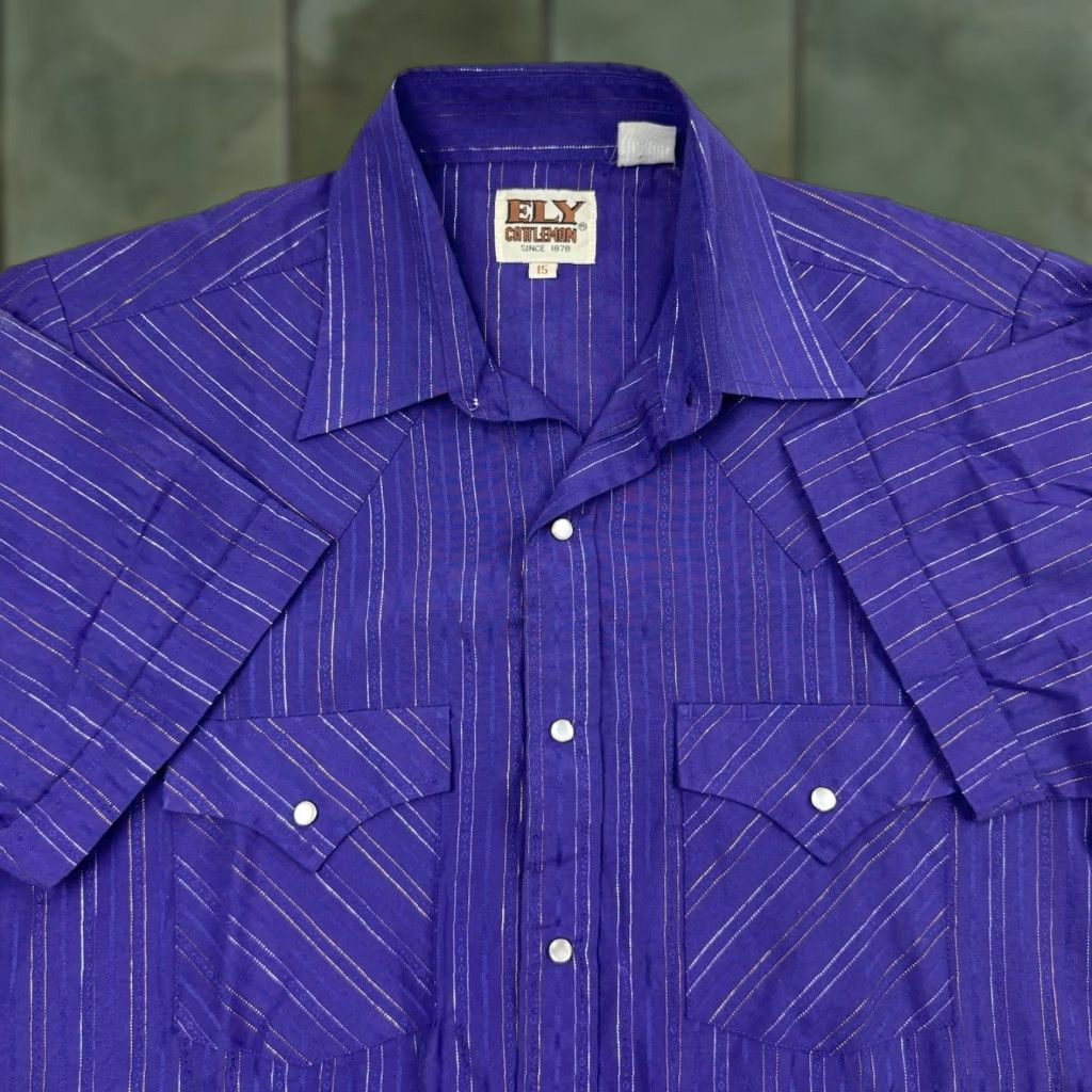Vintage VINTAGE Ely Cattleman Shirt Adult 15 Striped Button-Up Short Sleeve Western 90s Mens Purple Size US M / EU 48-50 / 2 - 1 Thumbnail