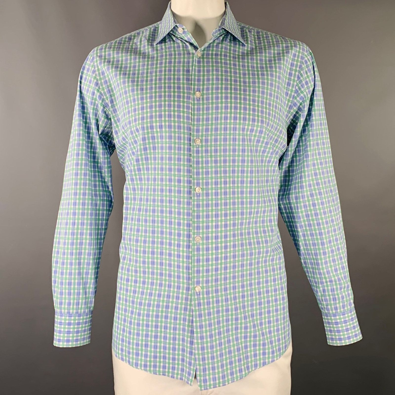 Hugo Boss Size L Blue White Green Checkered Long Sleeve Shirt Size US L / EU 52-54 / 3 - 1 Thumbnail