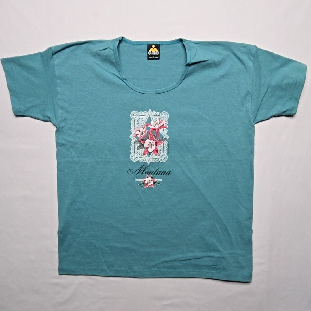 Vintage Vintage Montana Turquoise Tee Flower Blue Boat Neck L Shirt Size L / US 10 / IT 46 - 1 Thumbnail