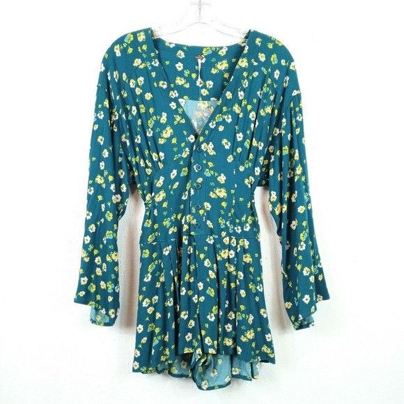 Free People Free People L'Amour Printed Romper Size 0 Playsuit Teal Flor Size 25" / US 0 / IT 36 - 2 Thumbnail