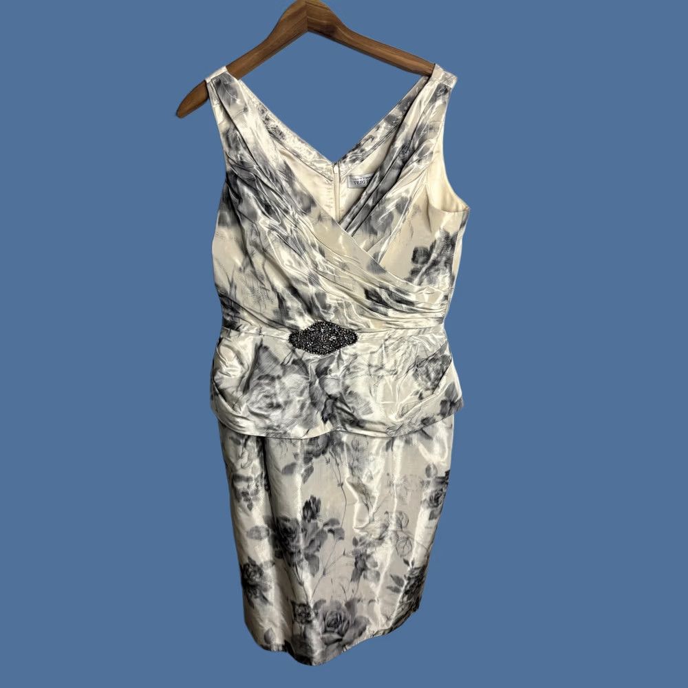 Vintage Teri Jon Dress Womens 12 White Gray Floral Satin Beaded Waist Cocktail Sheath Size XL / US 12-14 / IT 48-50 - 1 Thumbnail