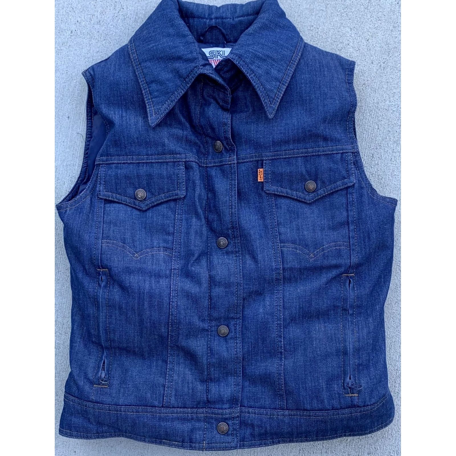 Levi's VINTAGE Levi's Ski Vest Denim Goose Down 70s 1970s Orange Tab Puffer Size 12 Women Blue Denim/Down Vest, Snap Front, Pockets, Made in USA Size XL / US 12-14 / IT 48-50 - 5 Thumbnail