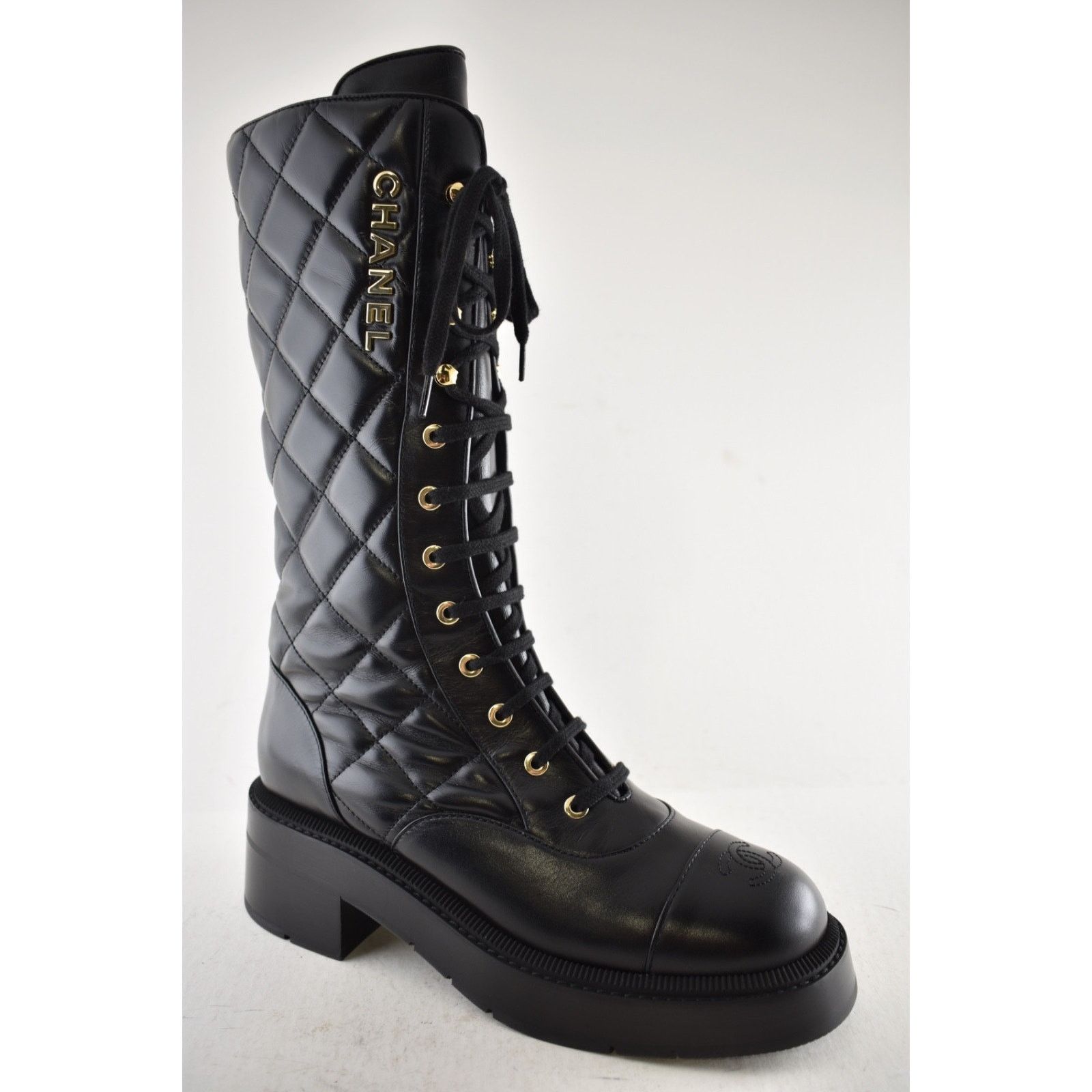 Chanel Chanel Black Quilted Leather Combat Lace Up Tall Boots 38.5 Size US 8.5 / IT 38.5 - 6 Thumbnail