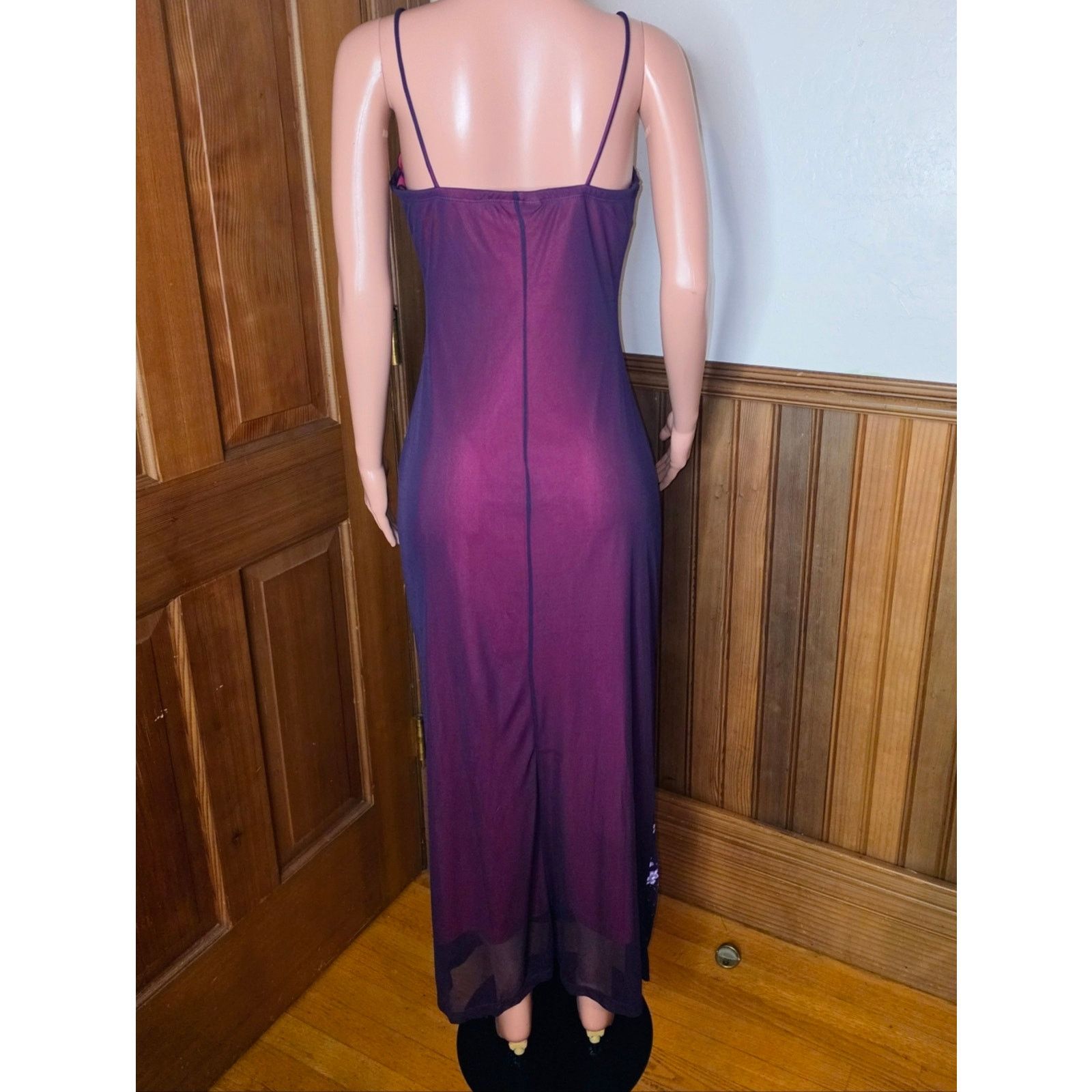 Vintage Pia 90s Y2K Fuchsia & Purple Mesh Floral Dress Large Size L / US 10 / IT 46 - 6 Thumbnail