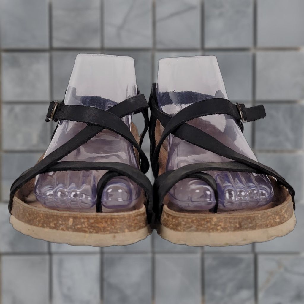 Vintage Musse & Cloud Zucebra Leather Sandals Women 9 Black Flat Strappy Buckle Cork Insole Size US 9 / IT 39 - 1 Thumbnail