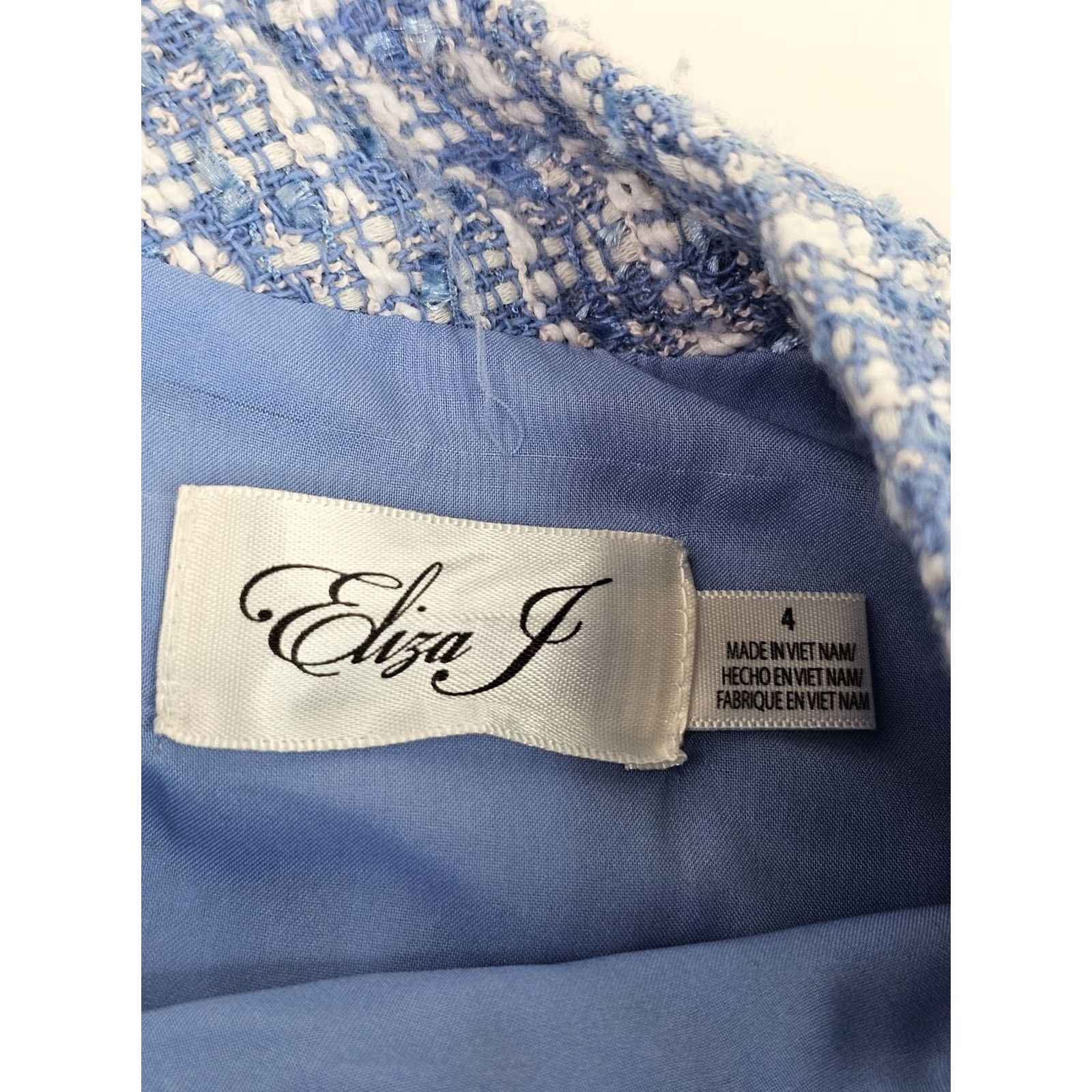 Vintage Eliza J Blue & White Fringe Flare Dress Women 4 NWT Mock Neck Sleeveless Midi Lined Party/Cocktail Floral 34" Length Womens Size S / US 4 / IT 40 - 4 Thumbnail