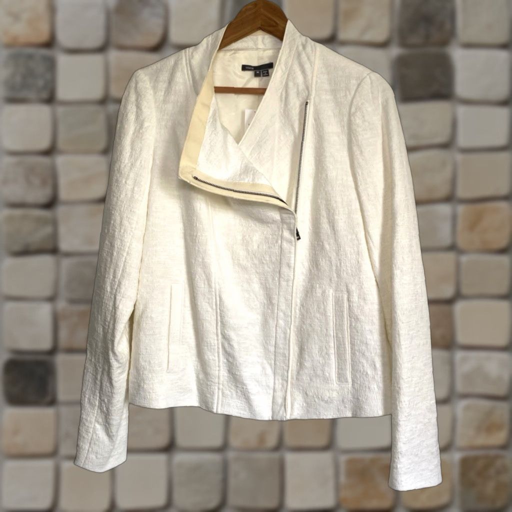 Vince NWT Vince Women's Jacket Biker Asymmetrical Zip Stretch Cotton Frise Sz M Cream Size M / US 6-8 / IT 42-44 - 1 Thumbnail