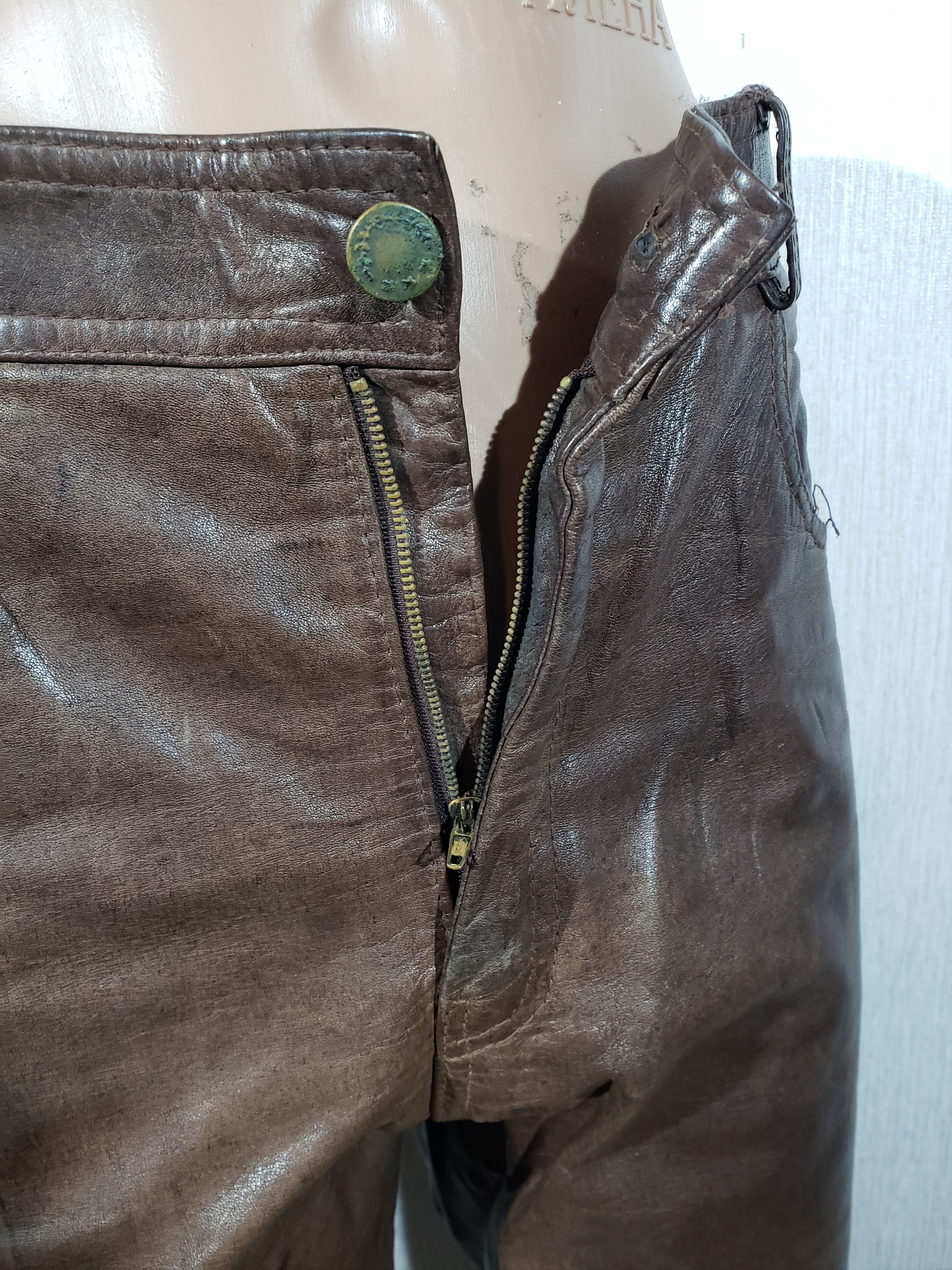 Genuine Leather Brown leather pants with decorative lacing. Size US 33 - 7 Thumbnail