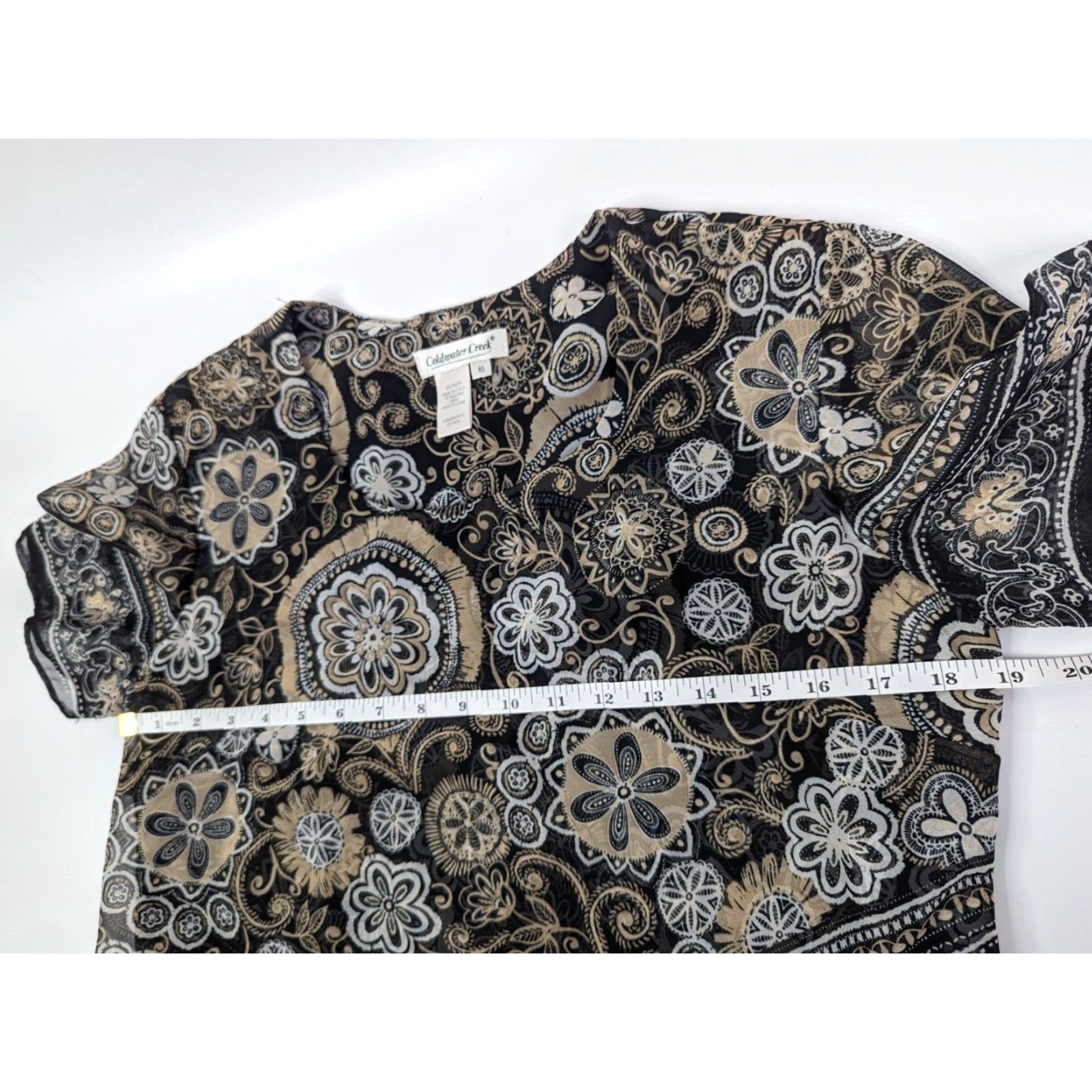 Coldwater Creek Coldwater Creek Top Blouse Geometric Floral Sheer Tank Underneath Made in USA Cap Sleeve Scoop Neck Pullover Casual M Black Womens Blouse USA Size M / US 6-8 / IT 42-44 - 6 Thumbnail